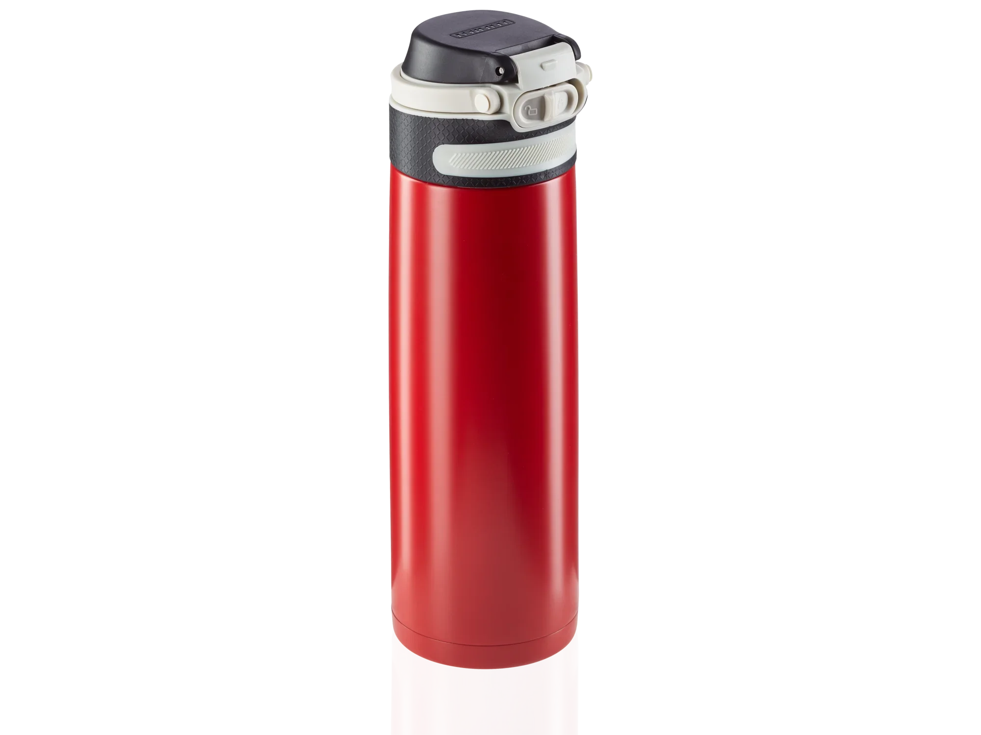 Een rode vacuümmok met een inhoud van 600 ml. De mok heeft een klapdeksel en is ideaal om drankjes warm of koud te houden op reis.