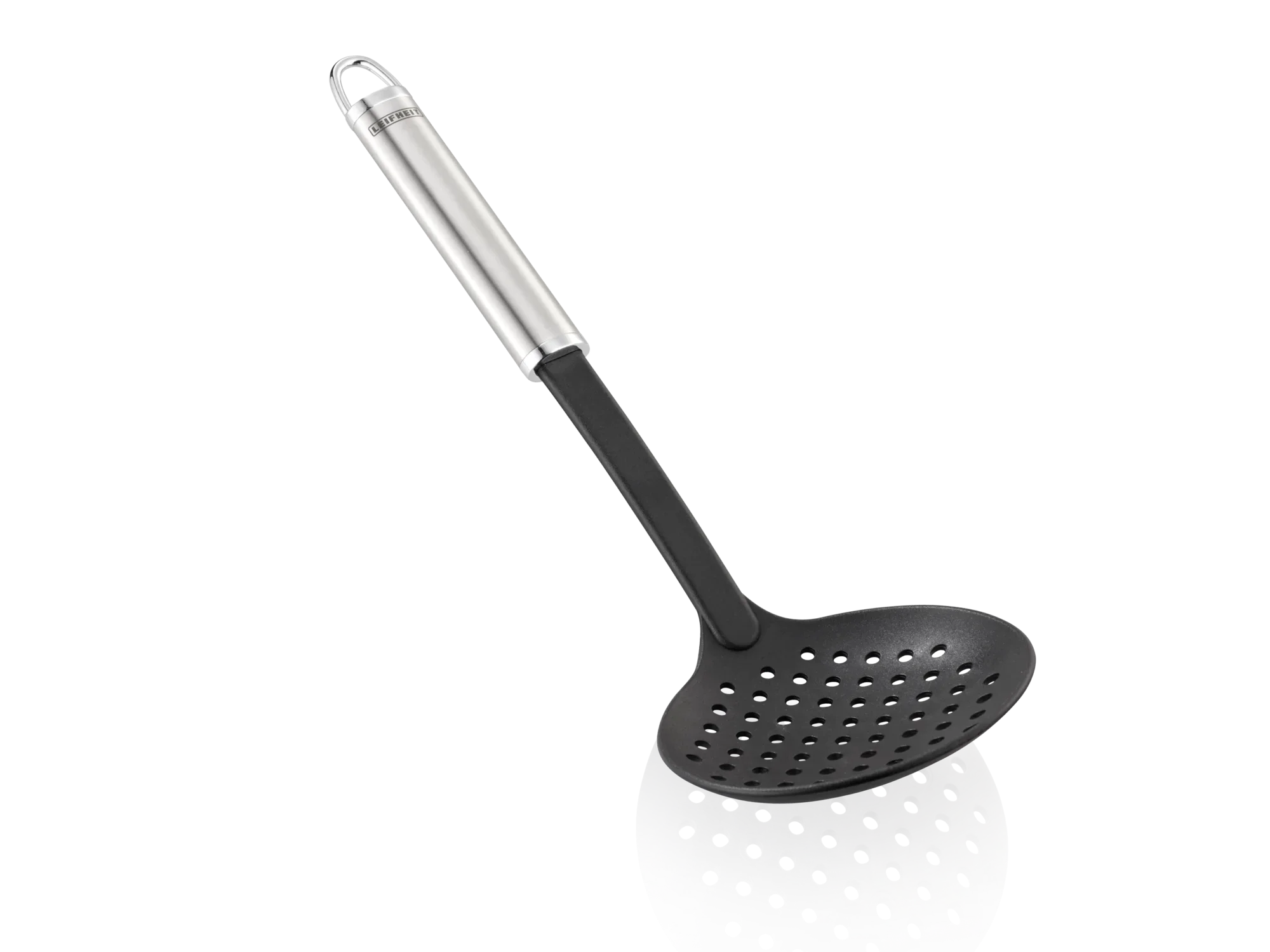 Nylon schuimspaan met ergonomisch roestvrij stalen handvat. Ideaal om voedsel te zeven. Duurzaam en hittebestendig, perfect voor dagelijks gebruik in de keuken.