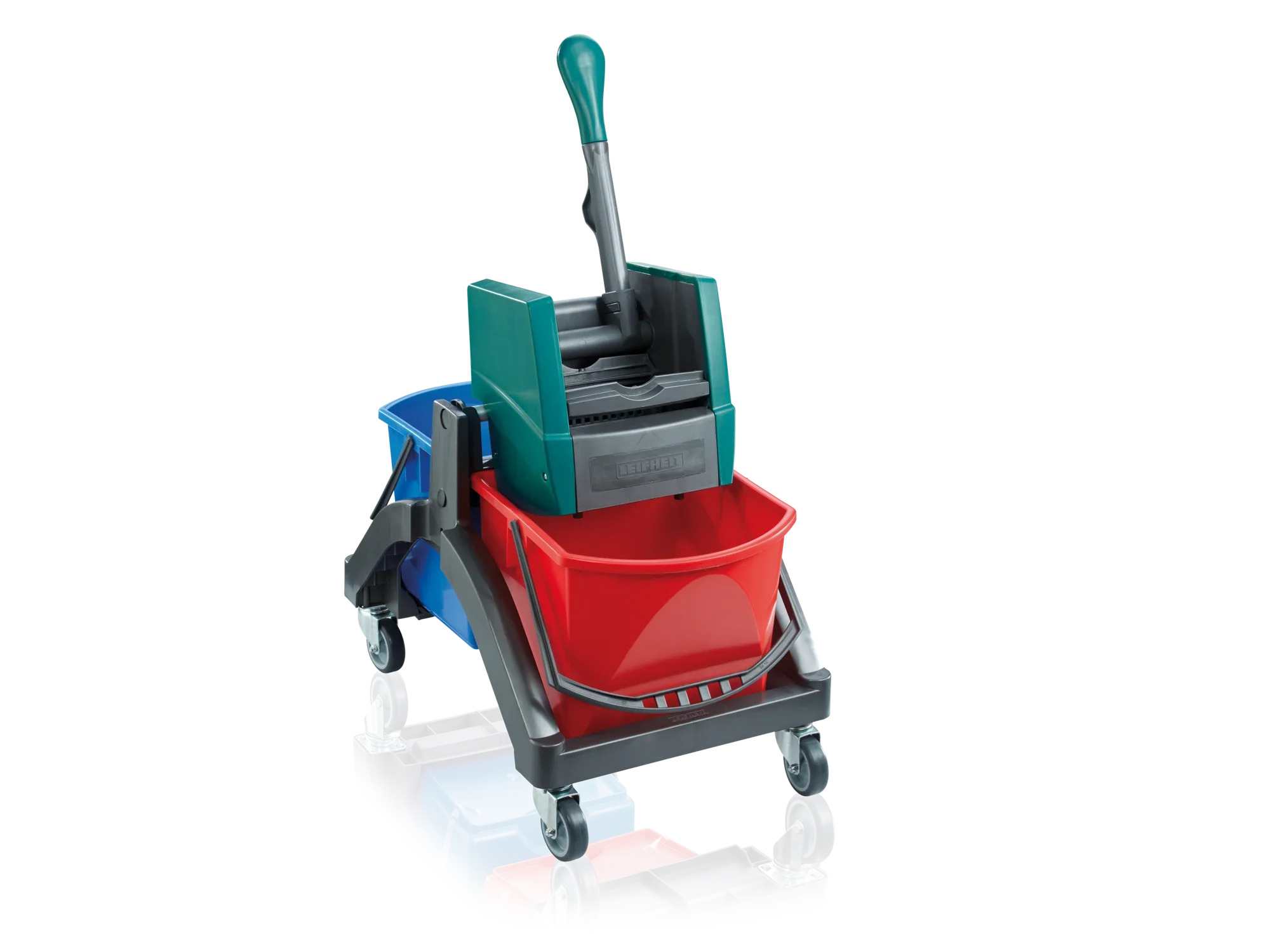 Profesjonalny wózek do mopowania na mokro duo z dwoma wiadrami w kolorze czerwonym i niebieskim, wyposażony w solidny uchwyt i kółka ułatwiające przemieszczanie. Idealny do wydajnego czyszczenia dużych powierzchni.