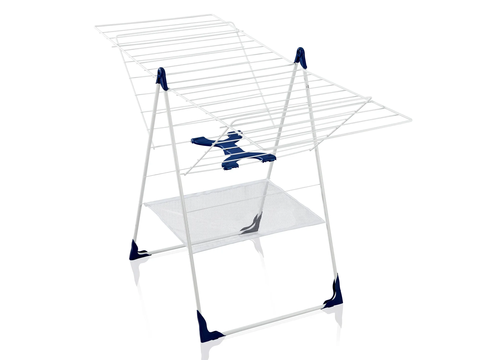 Un séchoir sur pied blanc avec des accents bleus, modèle « Classic 250 Flex », offre beaucoup d'espace pour sécher les vêtements. Idéal pour une utilisation à l'intérieur et à l'extérieur.