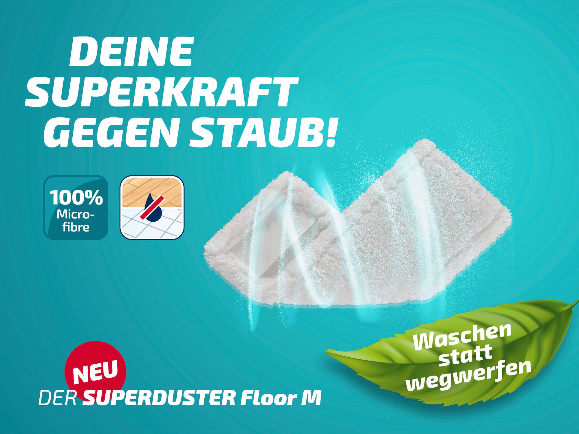 Der Leifheit Superduster Floor M Staubbezug ist auf einem blauen Hintergrund abgebildet. Der Bezug besteht aus 100% Mikrofaser und ist waschbar, um Abfall zu reduzieren. Ein grünes Blatt mit dem Text "Waschen statt wegwerfen" betont die Nachhaltigkeit.