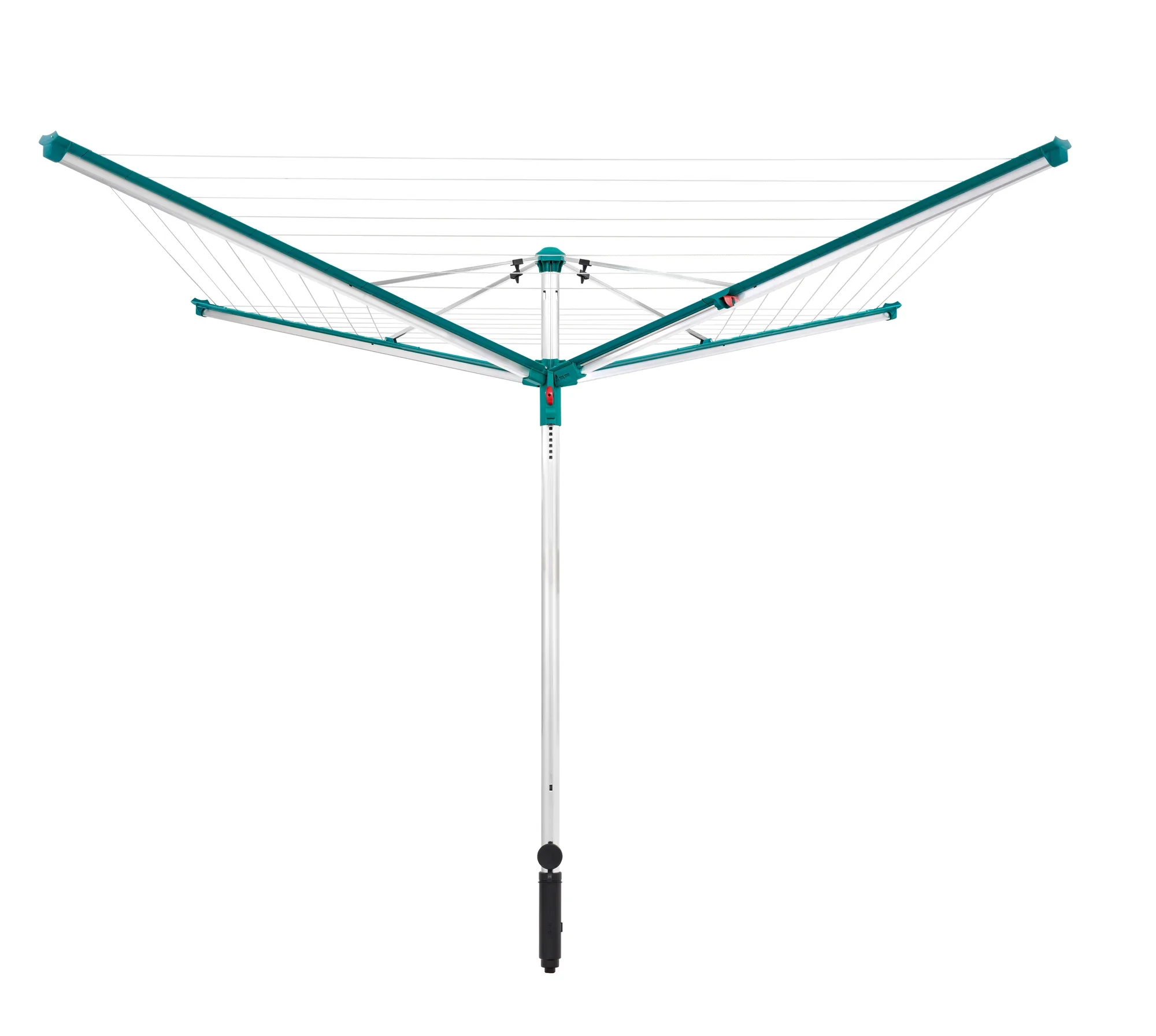 Wäschespinne Linomatic 500 Deluxe in geöffnetem Zustand. Robuste Konstruktion mit mehreren Leinen für effizientes Trocknen im Freien. Ideal für große Wäschemengen.