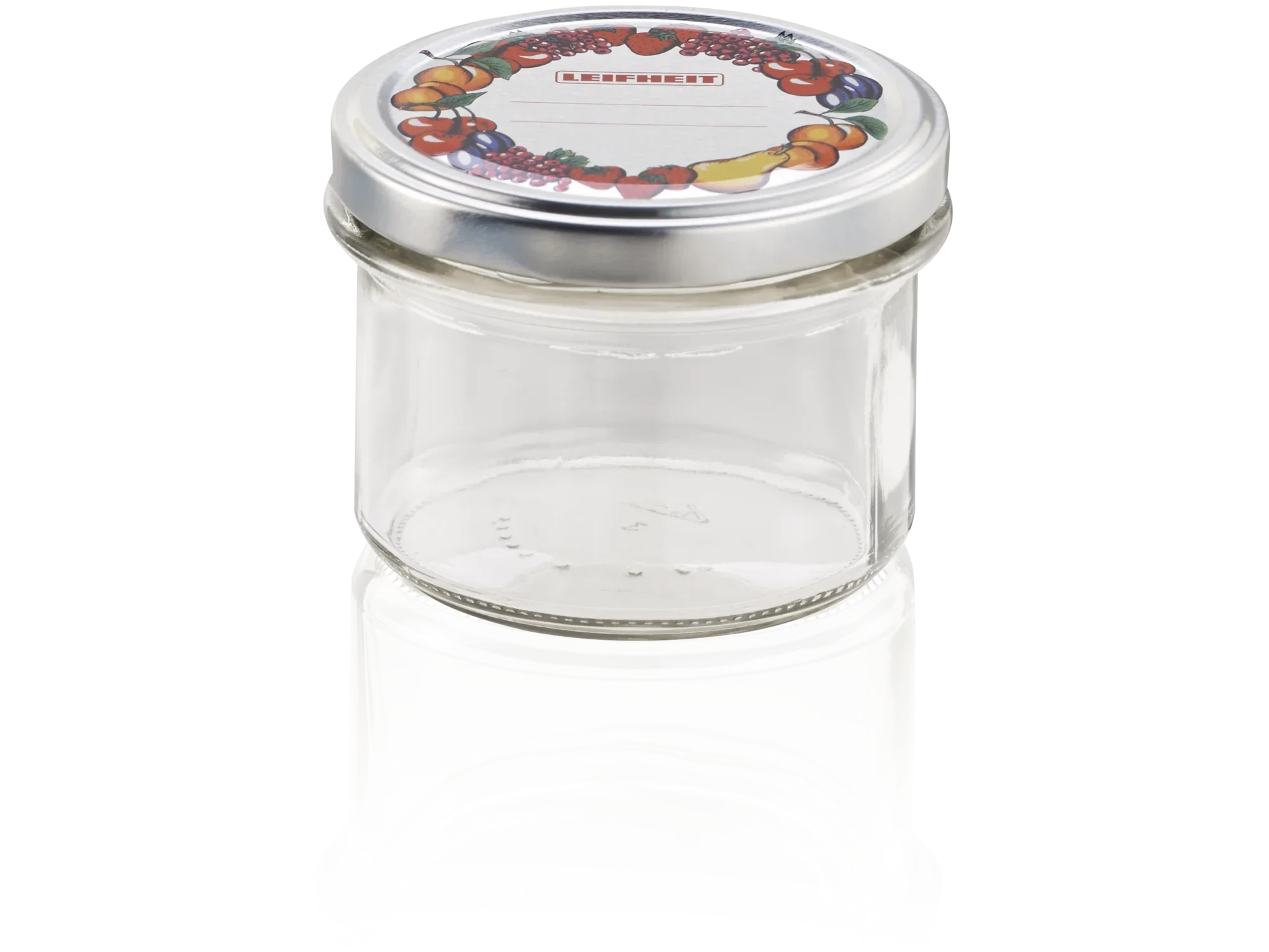 Przezroczysty słoik typu mason o pojemności 235 ml. Pokrywka ozdobiona jest kolorowym motywem owoców. Idealny do przechowywania dżemów i przetworów.