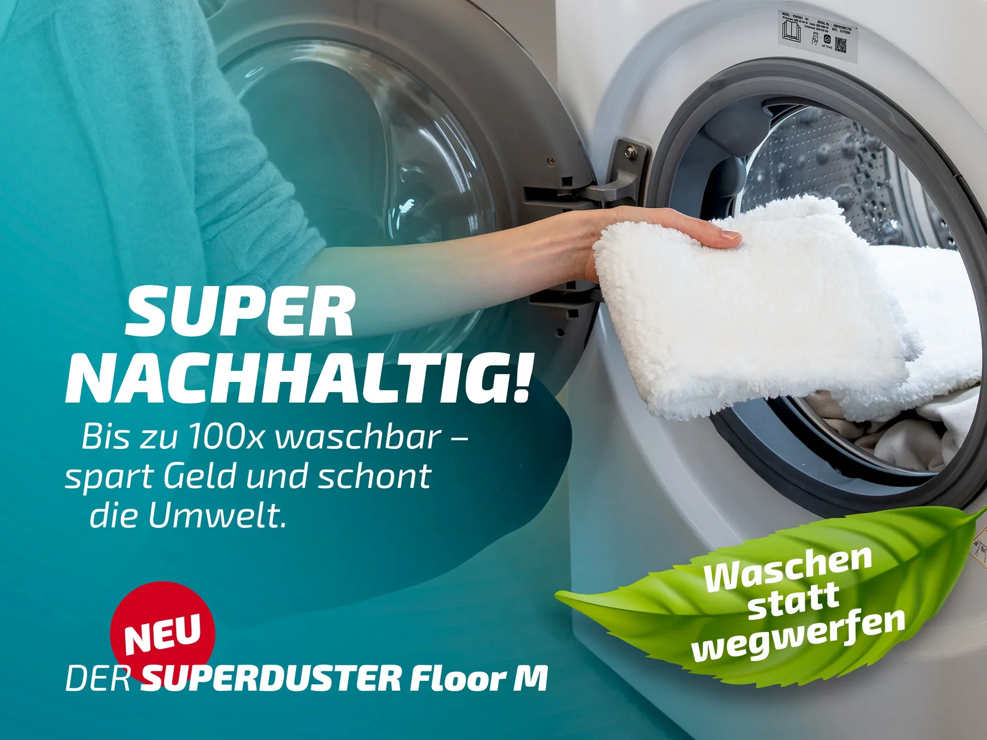 Der Leifheit Superduster Floor M ist ein nachhaltiger Staubbezug, der bis zu 100 Mal waschbar ist. Er spart Geld und schont die Umwelt, indem er Abfall reduziert.