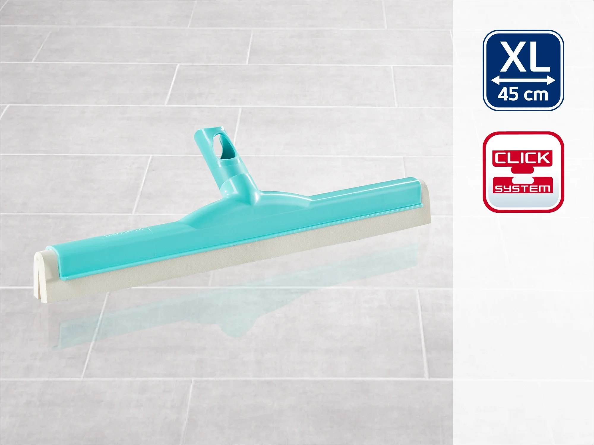 Abzieher XL 45 cm mit Click-System. Der türkisfarbene Abzieher liegt auf einem grauen Fliesenboden. Ideal für große Flächen, einfach zu handhaben und kompatibel mit dem Click-System.