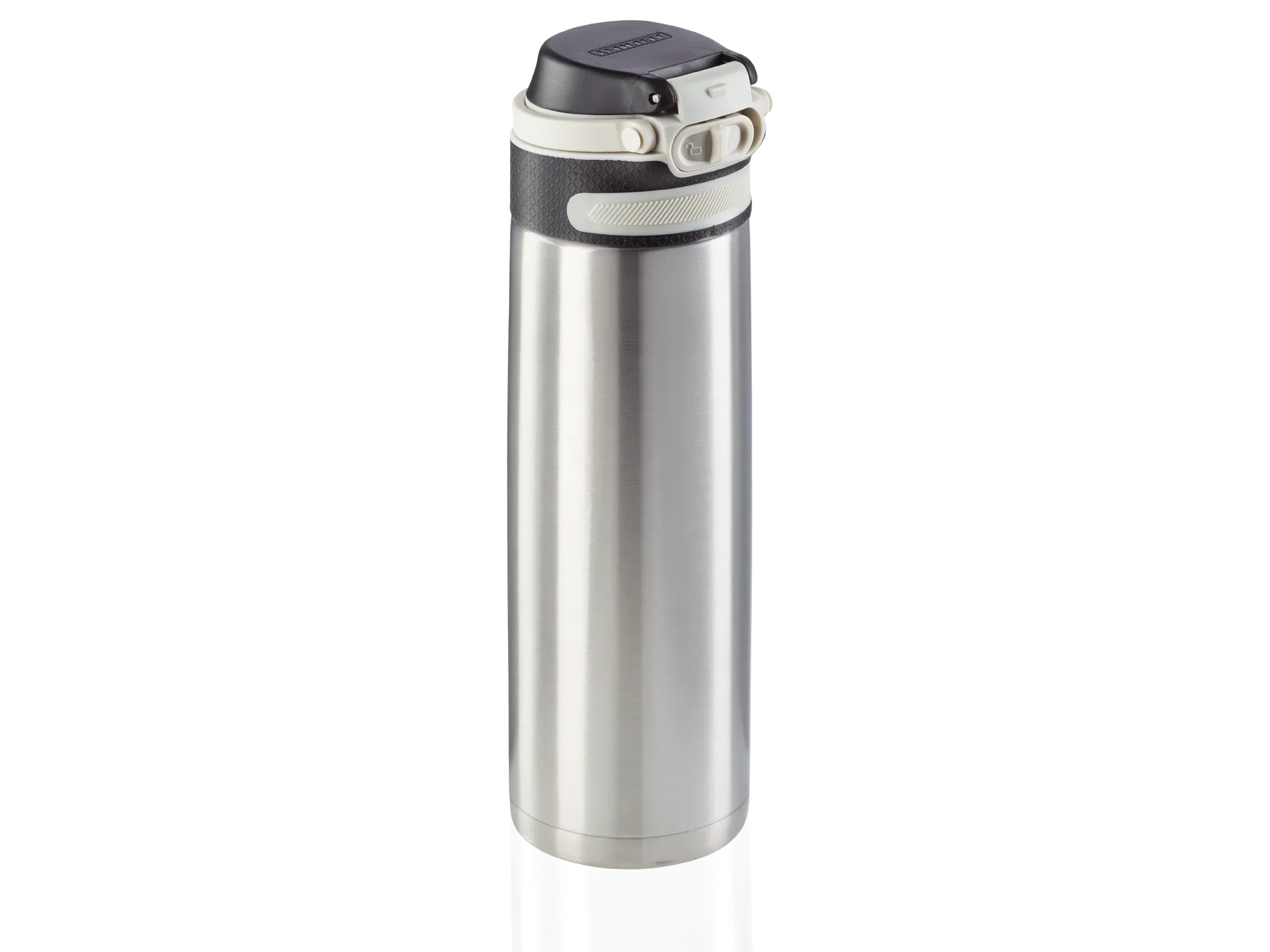 Flip mok vacuüm 600 ml in zilver. De mok heeft een modern ontwerp met een praktisch klapdeksel. Ideaal om drankjes warm of koud te houden op reis.