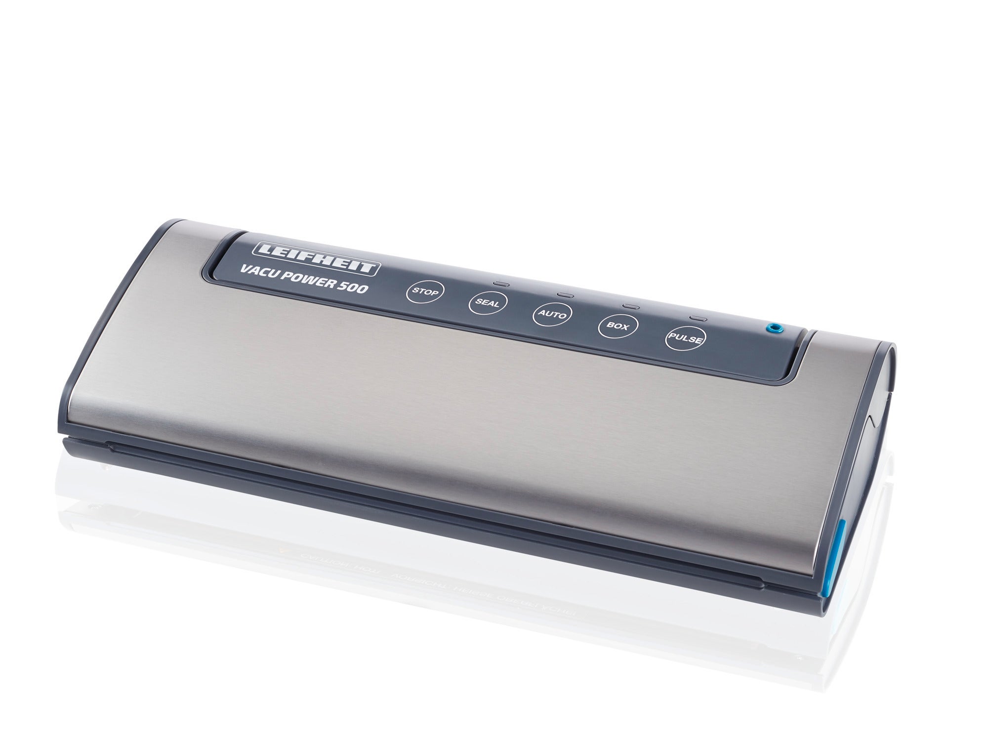 Vakuumiergerät Vacu Power 500 in silbernem Design mit mehreren Funktionstasten auf der Oberseite. Ideal zum luftdichten Versiegeln von Lebensmitteln für längere Frische.