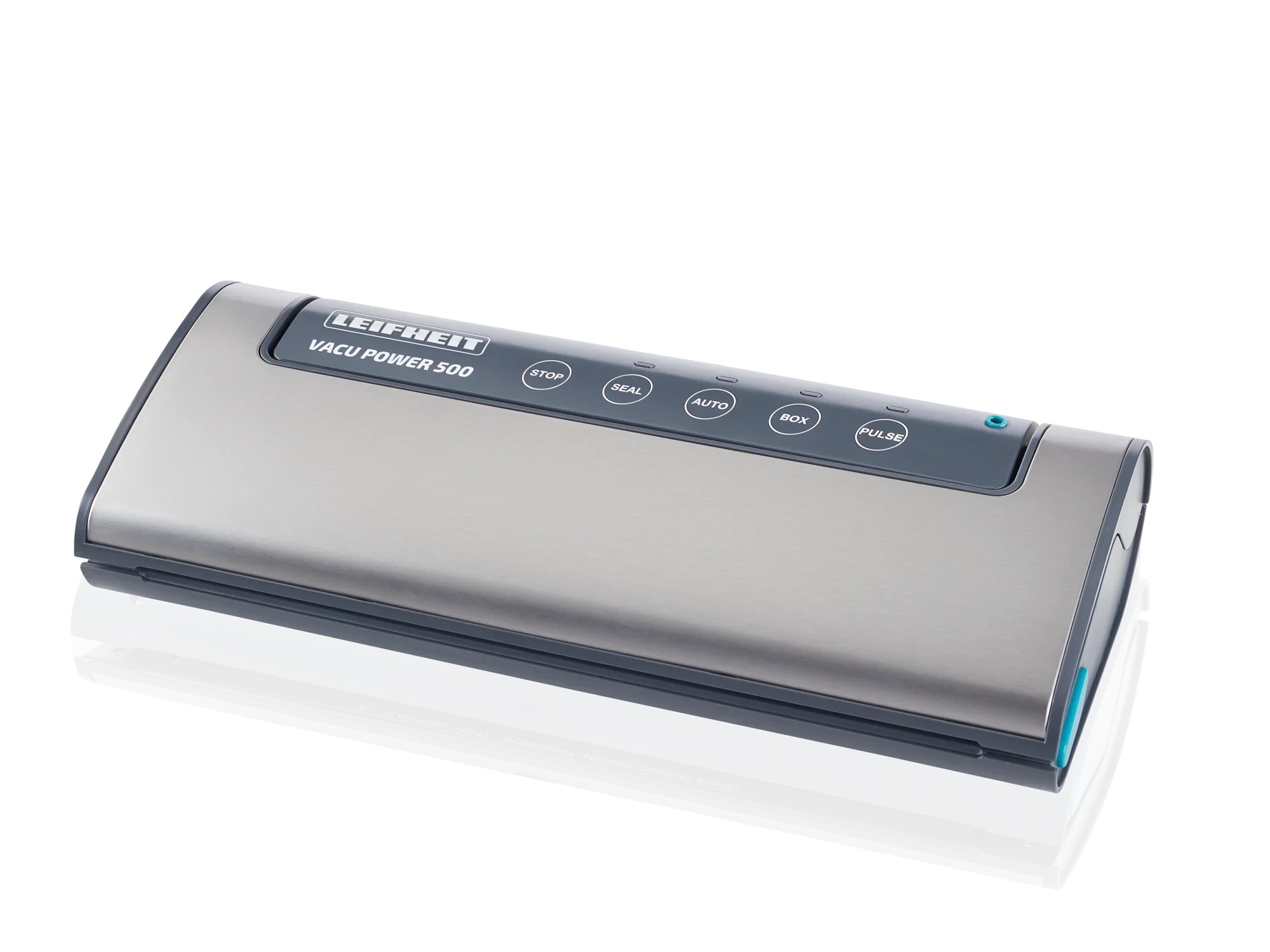 Appareil de mise sous vide Vacu Power 500 en argent avec plusieurs touches de fonction sur le dessus. Idéal pour sceller hermétiquement les aliments et les conserver plus longtemps.