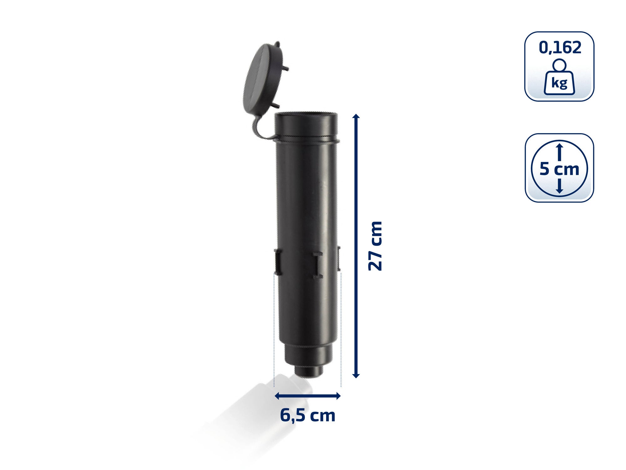 Ein schwarzer Bodenanker für eine Wäschespinne mit einem Durchmesser von 6,5 cm und einer Höhe von 27 cm. Der Anker wiegt 0,162 kg und hat eine Einbautiefe von 5 cm.