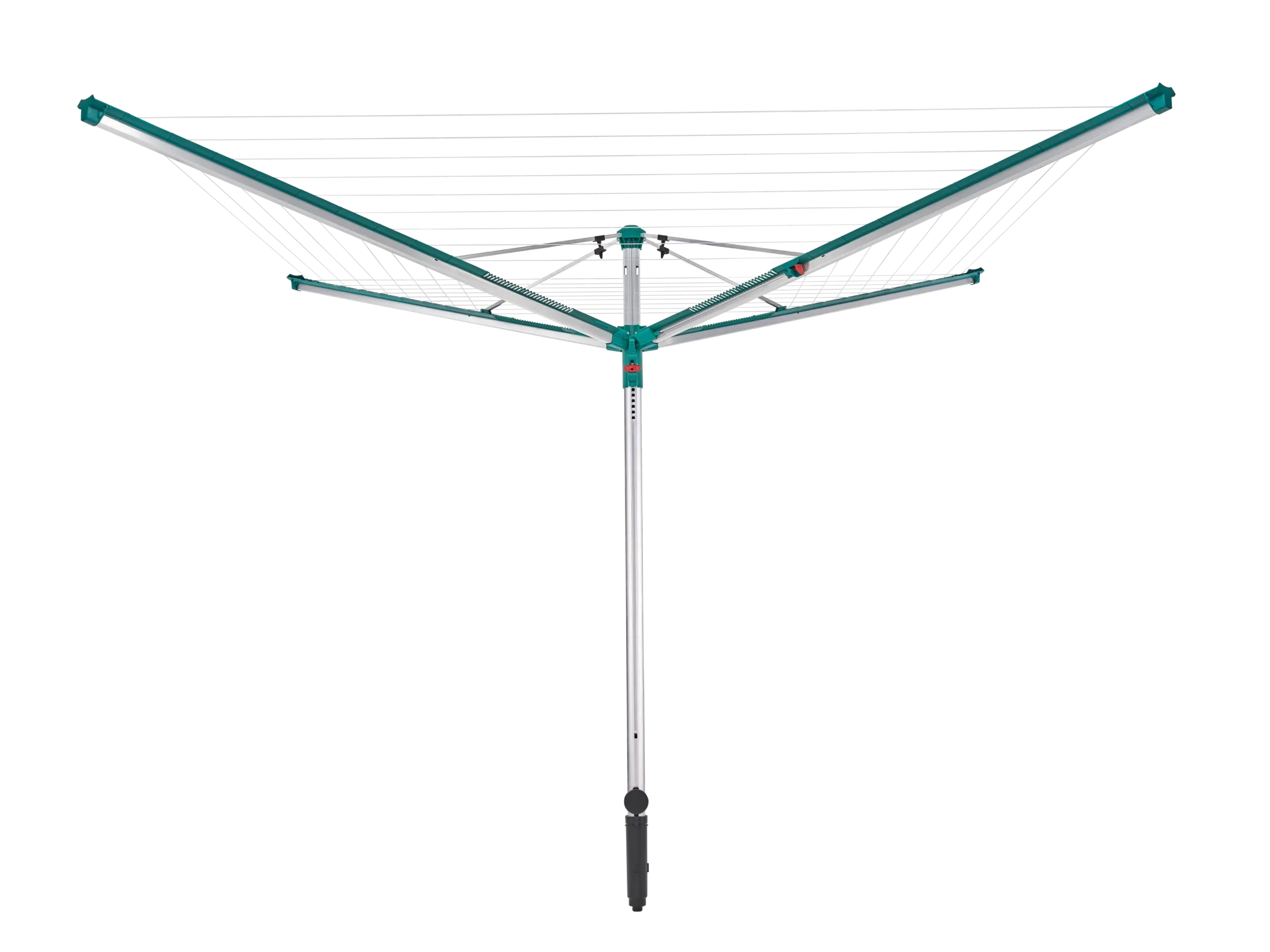 Wäschespinne Linomatic 600 Deluxe von Leifheit in geöffnetem Zustand. Robuste Konstruktion mit mehreren Leinen für effizientes Trocknen im Freien. Ideal für große Wäschemengen.