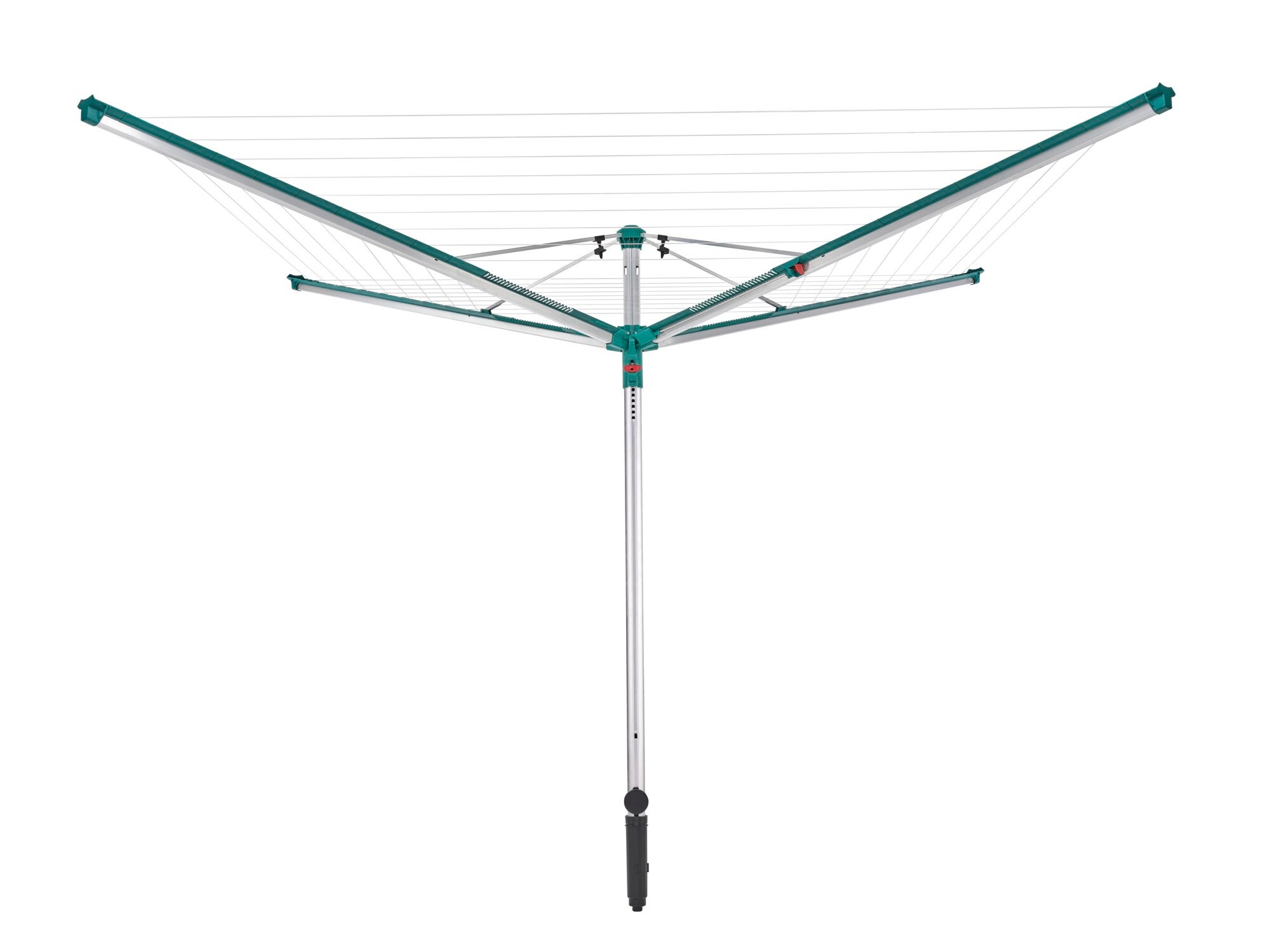 Wäschespinne Linomatic 600 Deluxe von Leifheit in geöffnetem Zustand. Robuste Konstruktion mit mehreren Leinen für effizientes Trocknen im Freien. Ideal für große Wäschemengen.