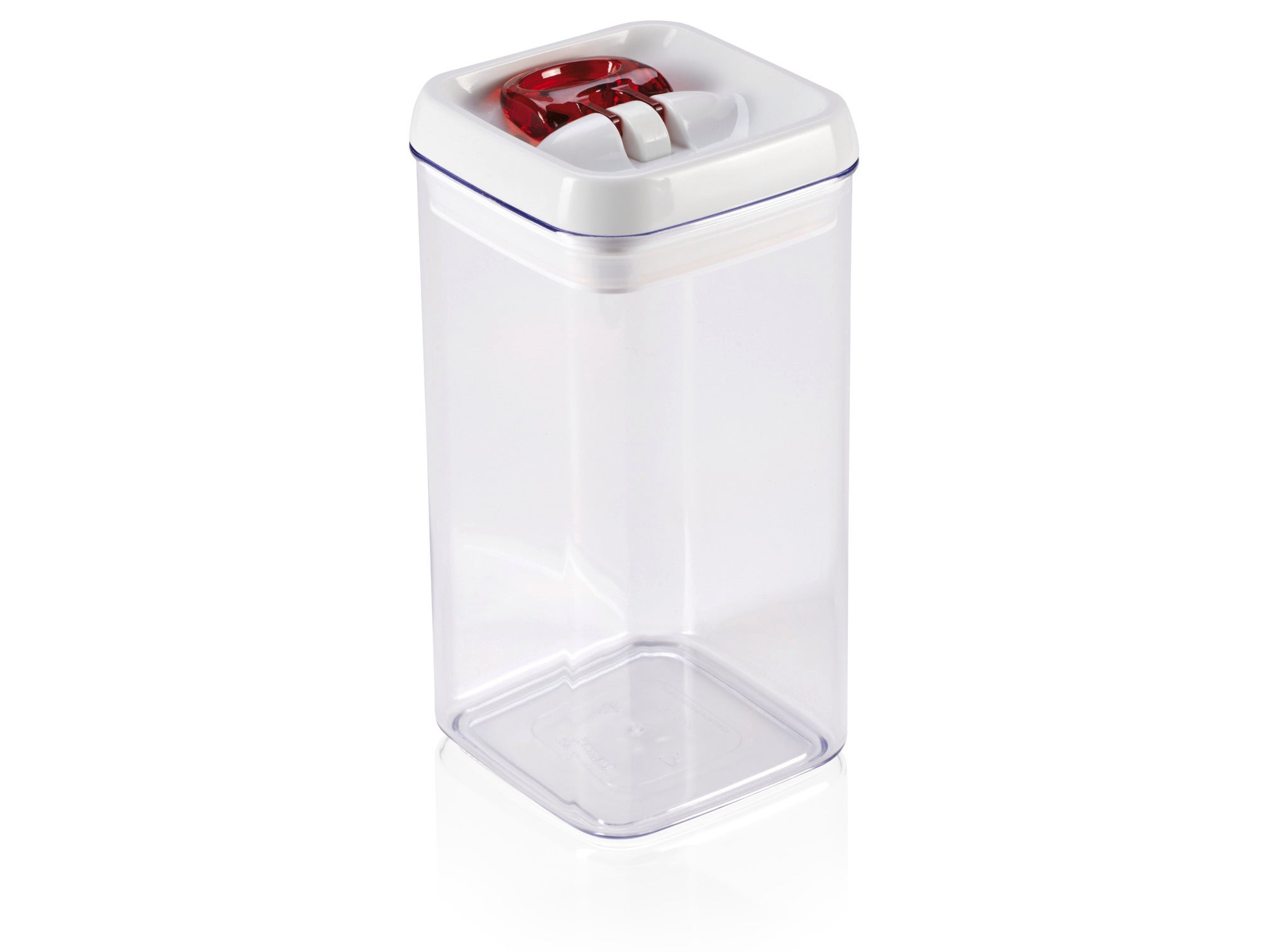 Un récipient de conservation transparent et rectangulaire appelé FreshEasy d'une capacité de 1200 ml. Le récipient est muni d'un couvercle blanc avec un mécanisme de fermeture rouge. Idéal pour conserver les aliments.