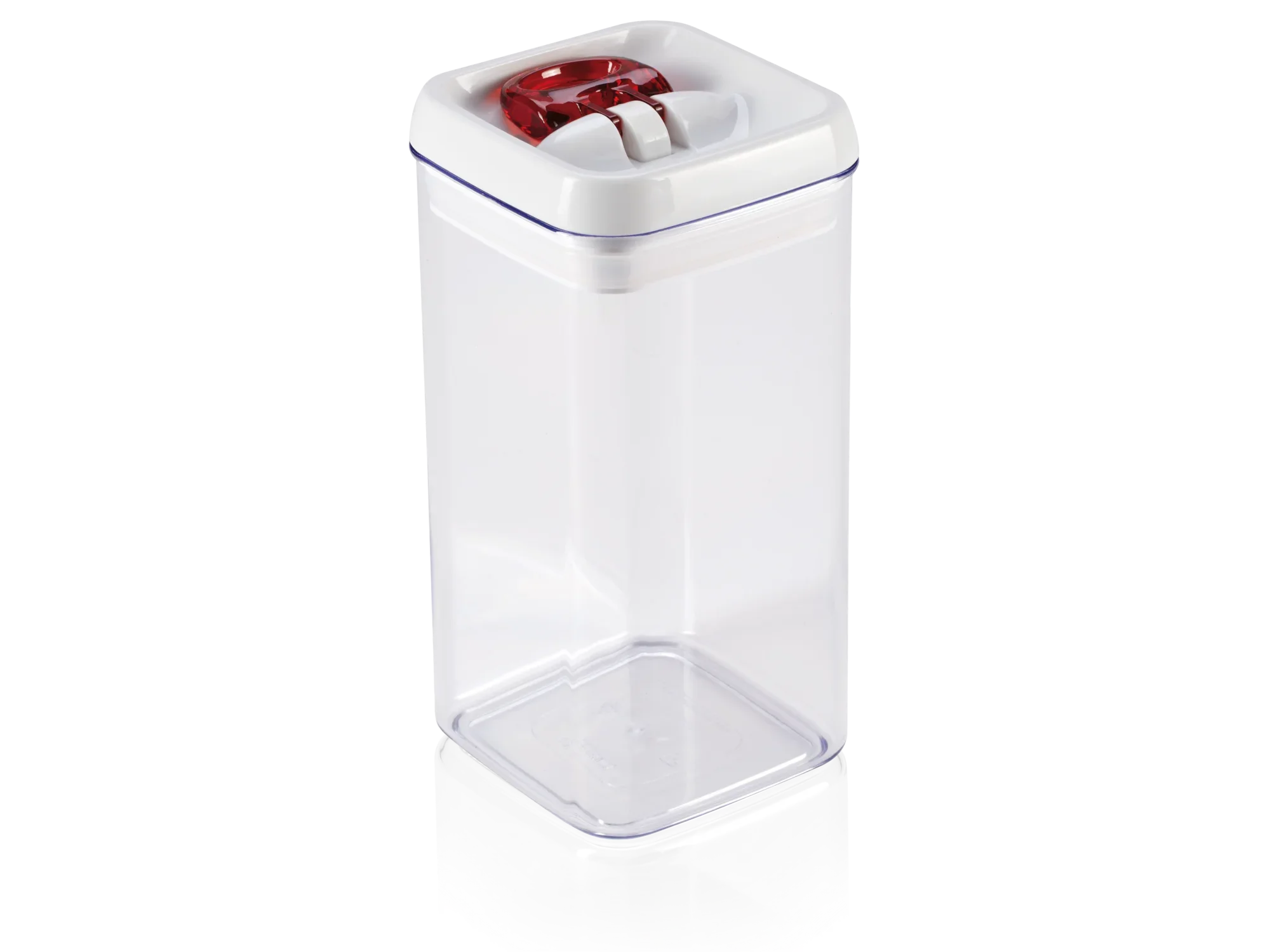 Een transparante, rechthoekige voorraadbus genaamd FreshEasy met een inhoud van 1200 ml. De container heeft een wit deksel met een rode sluiting. Ideaal voor het bewaren van voedsel.