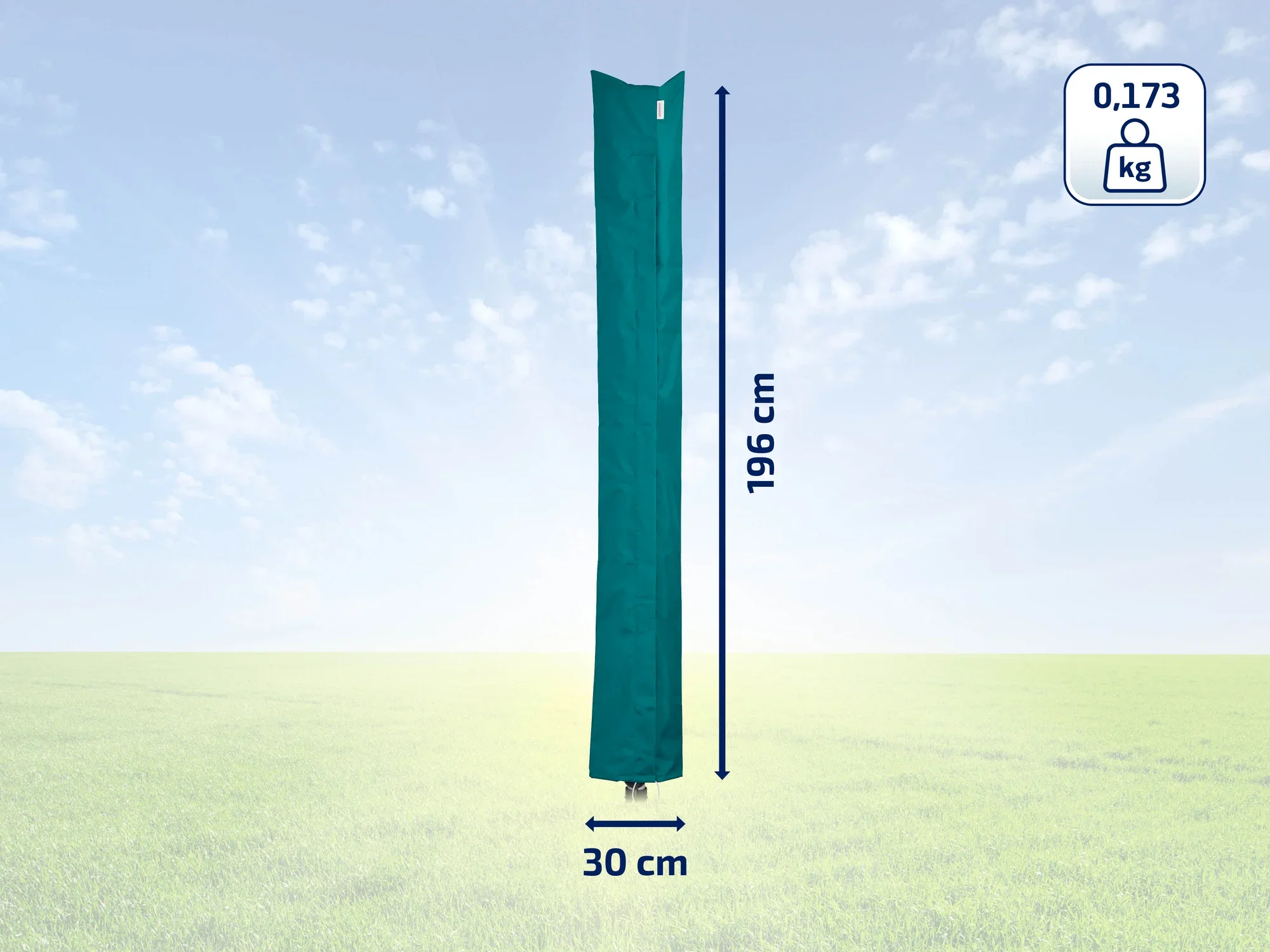 Zielony pokrowiec ochronny na suszarki obrotowe, 196 cm wysokości i 30 cm szerokości. Idealny do ochrony przed warunkami atmosferycznymi. Lekki, waży 0,173 kg.