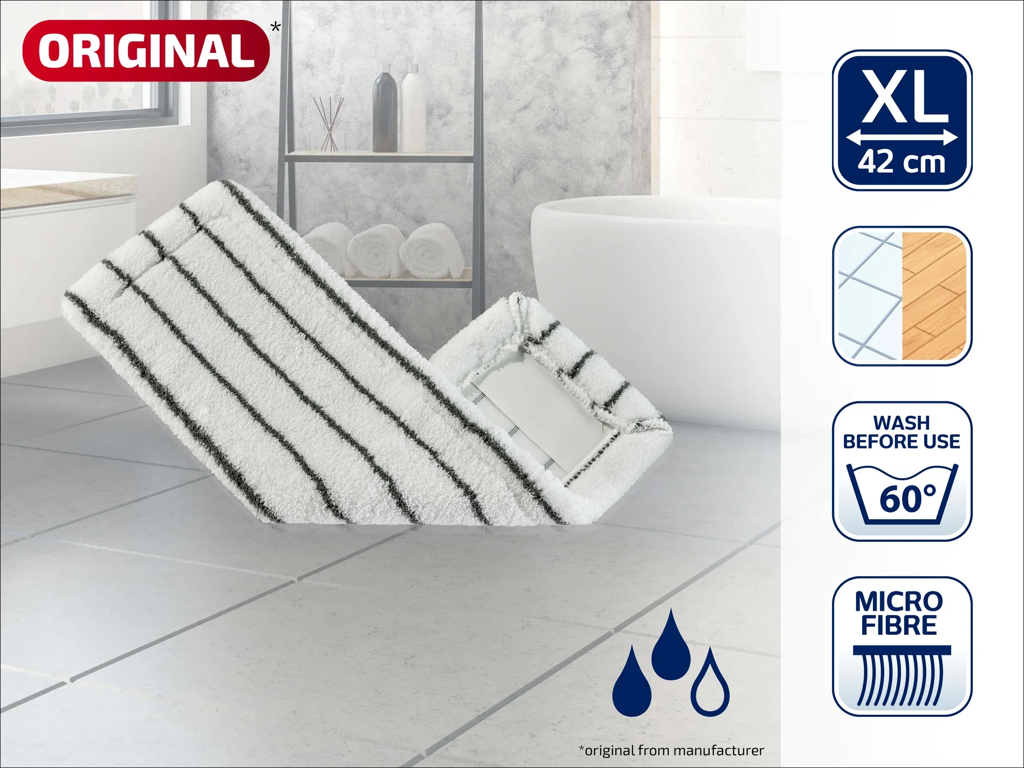 Das Bild zeigt den Leifheit Wischbezug Classic XL aus Mikrofaser. Der Bezug ist 42 cm breit und für die Reinigung bei 60 Grad geeignet. Ideal für gründliche Sauberkeit.