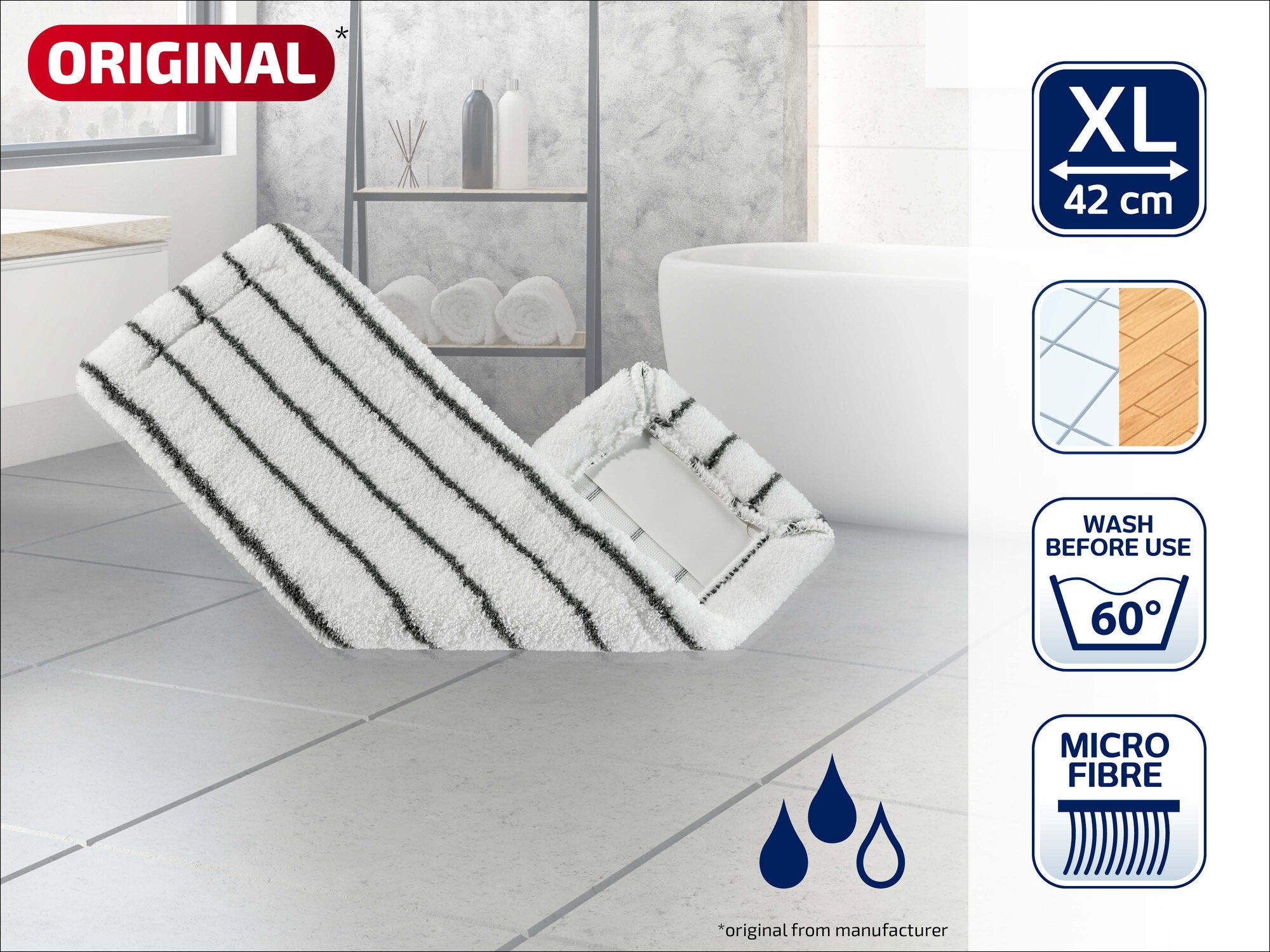 Das Bild zeigt den Leifheit Wischbezug Classic XL aus Mikrofaser. Der Bezug ist 42 cm breit und für die Reinigung bei 60 Grad geeignet. Ideal für gründliche Sauberkeit.