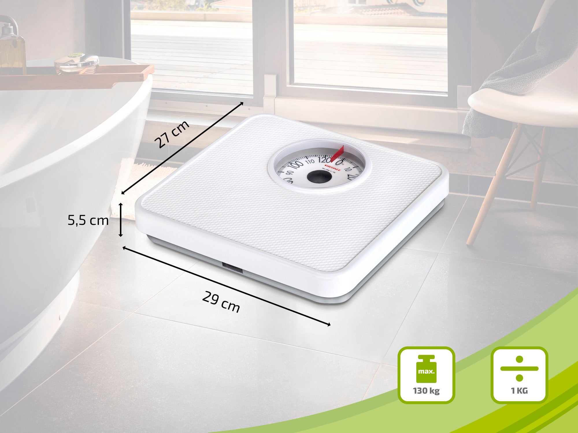 A white bathroom scale with analogue display standing on a bathroom floor. The dimensions are 29 cm x 27 cm x 5.5 cm. Maximum load capacity: 130 kg, accuracy: 1 kg.