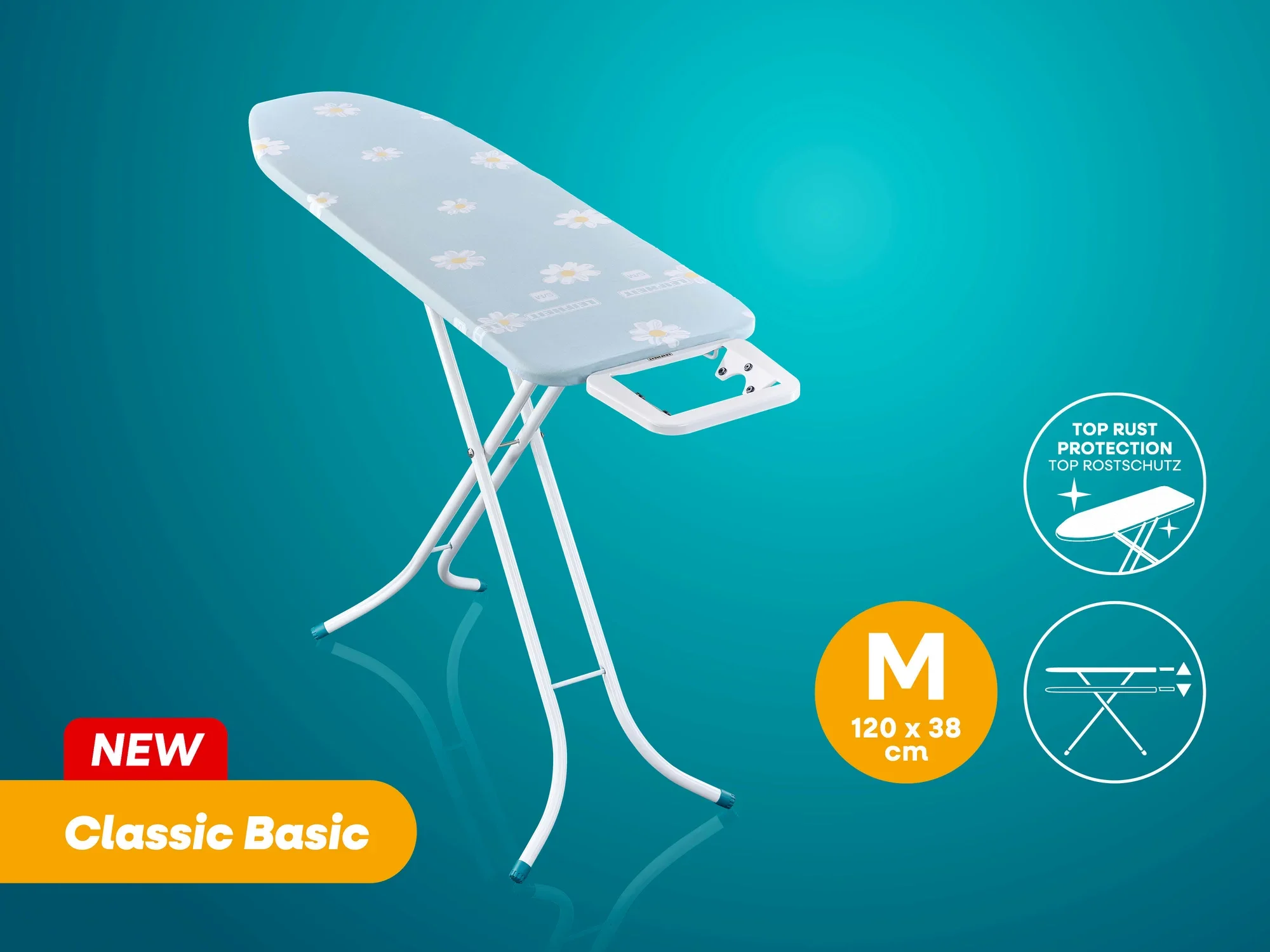 Bügeltisch Classic Basic von Leifheit in Größe M, 120 x 38 cm. Der Tisch hat einen blauen Bezug mit Blumenmuster und bietet Top-Rostschutz. Ideal für effizientes Bügeln.