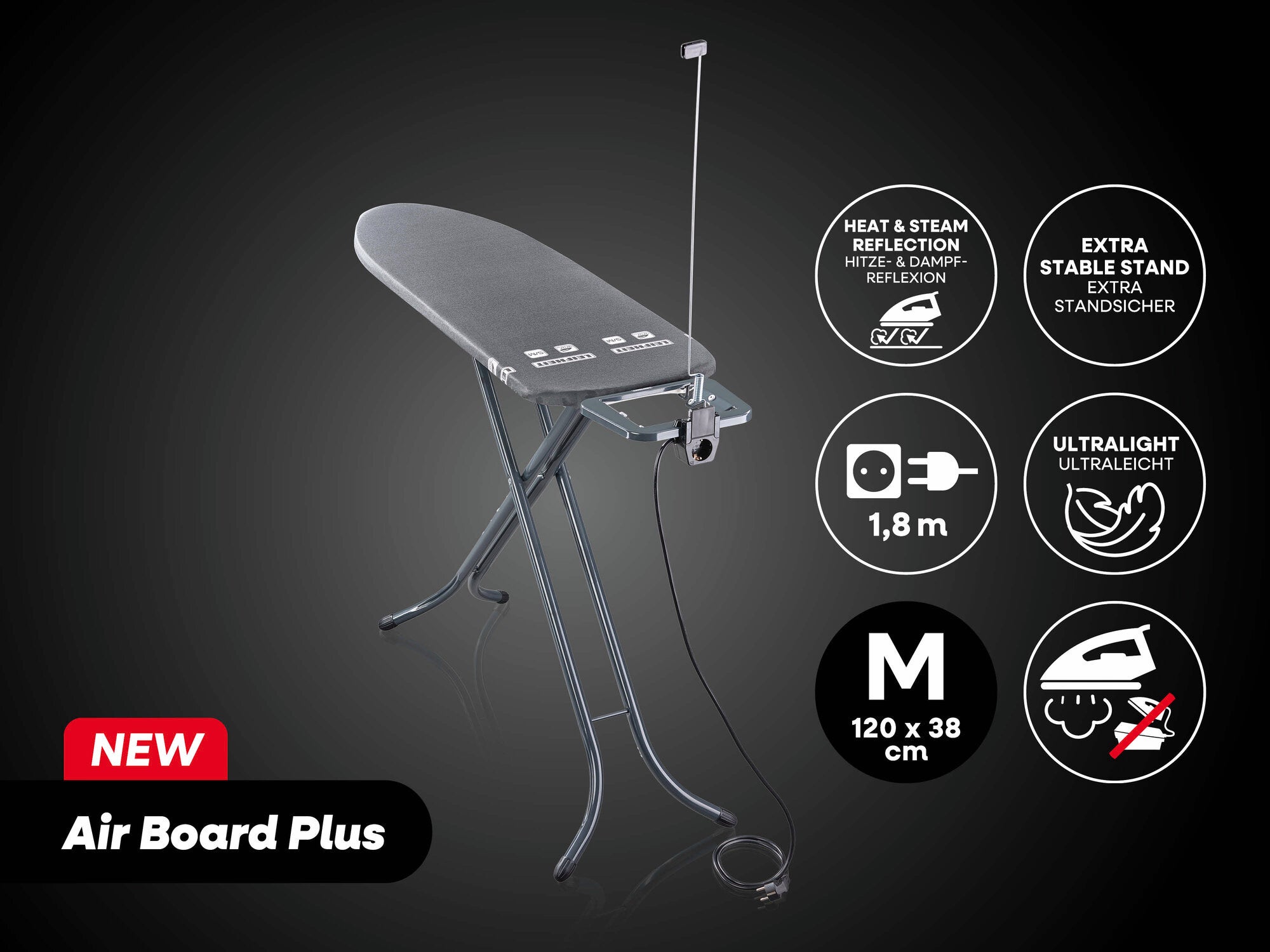 Bügeltisch Air Board Plus von Leifheit in Schwarz. Der Tisch ist ultraleicht, hat eine Größe von 120 x 38 cm und bietet eine stabile Standfläche. Ideal für effizientes Bügeln.