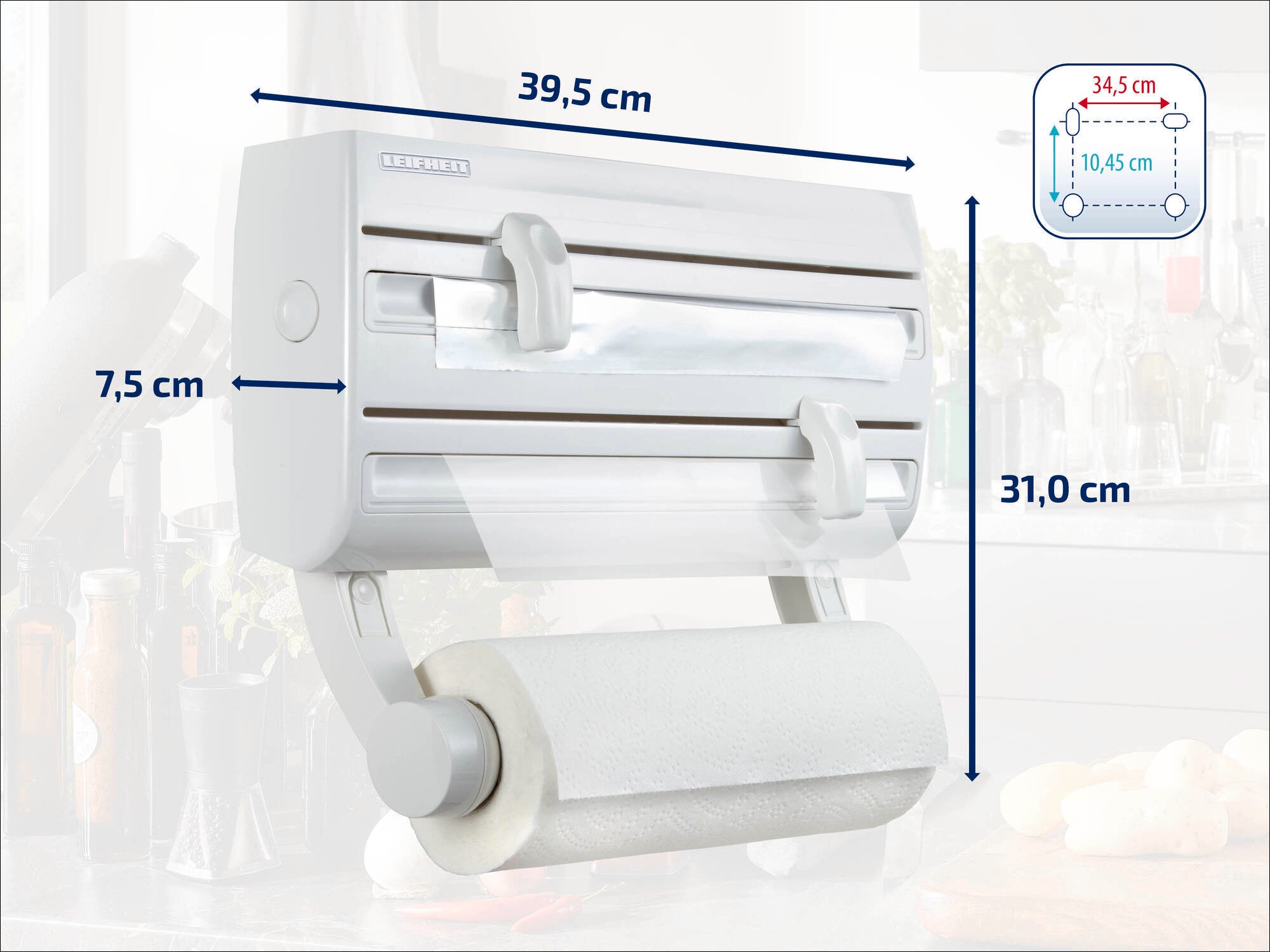 Support mural Leifheit avec trois compartiments pour rouleaux de film et de papier. Dimensions : 39,5 cm de largeur, 31 cm de hauteur, 7,5 cm de profondeur. Pratique pour la cuisine.