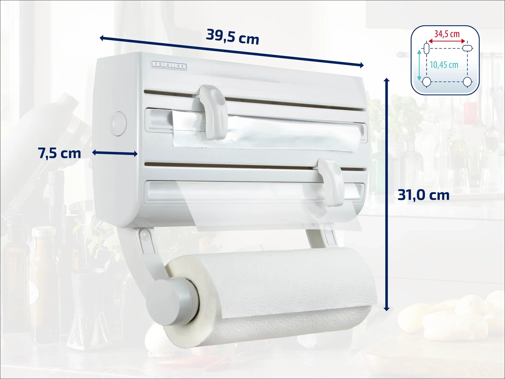 Portarotoli Leifheit da parete con tre scomparti per rotoli di pellicola e carta. Dimensioni: 39,5 cm di larghezza, 31 cm di altezza, 7,5 cm di profondità. Pratico per la cucina.
