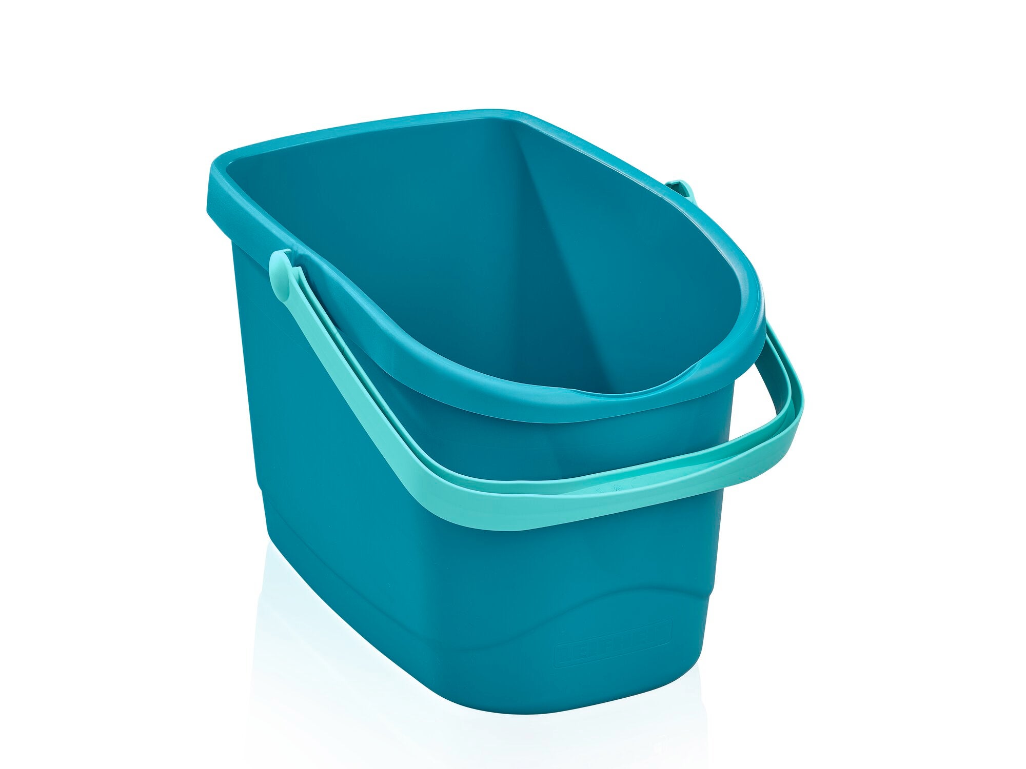 Een turquoise gekleurde emmer met een ergonomische steel, ideaal om schoon te maken. De POWER CLEAN emmer heeft een robuuste constructie en een modern ontwerp voor efficiënt werken.