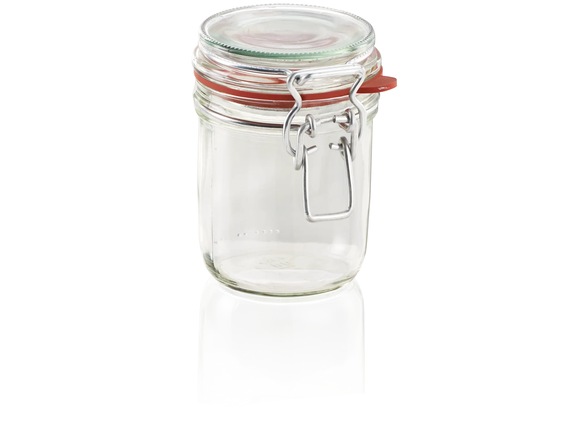 Bocal en fil de fer d'une contenance de 370 ml. Le bocal est transparent et muni d'un joint en caoutchouc rouge et d'un couvercle métallique. Idéal pour conserver les aliments.