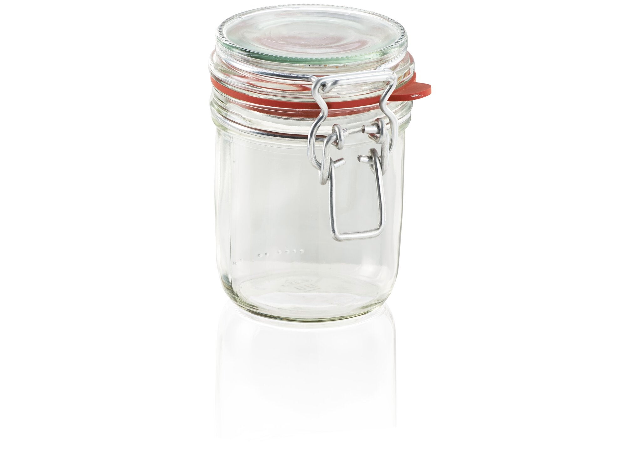 Drahtbügelglas mit 370 ml Fassungsvermögen. Das Glas ist transparent und hat einen roten Gummiring sowie einen Metallverschluss. Ideal zur Aufbewahrung von Lebensmitteln.