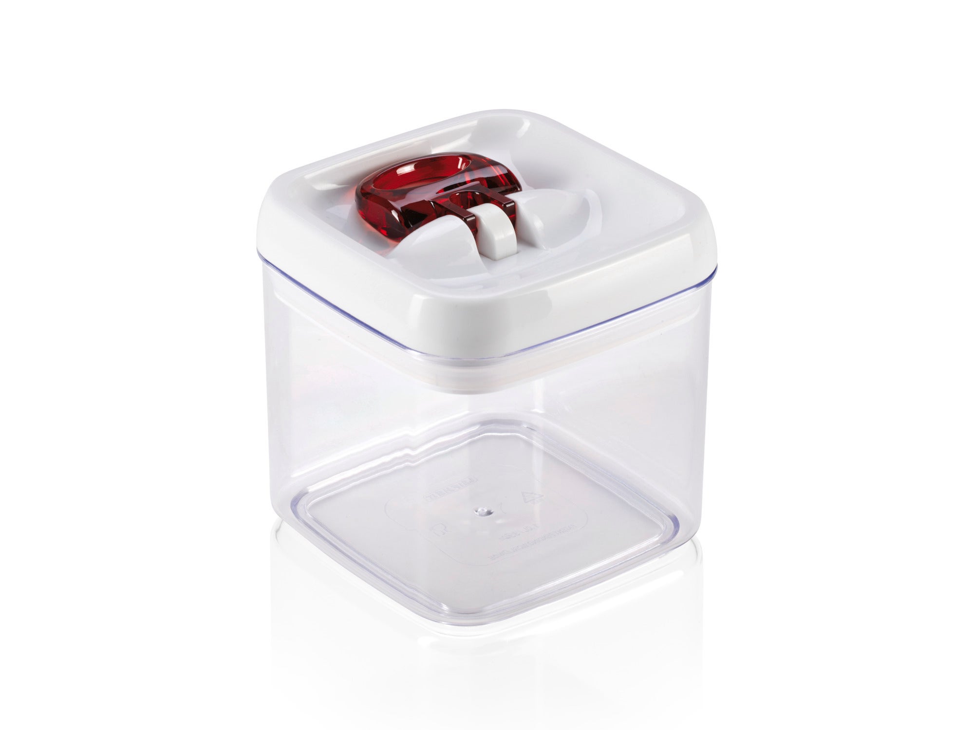 Récipient de conservation FreshEasy 1000 ml, carré. Récipient transparent avec couvercle blanc et fermeture rouge. Idéal pour conserver les aliments dans la cuisine.
