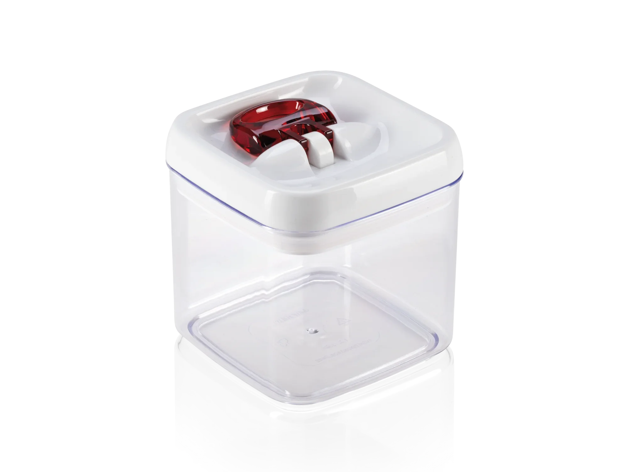 FreshEasy 1000 ml voorraadbus, vierkant. Transparante container met wit deksel en rode dop. Ideaal voor het bewaren van voedsel in de keuken.