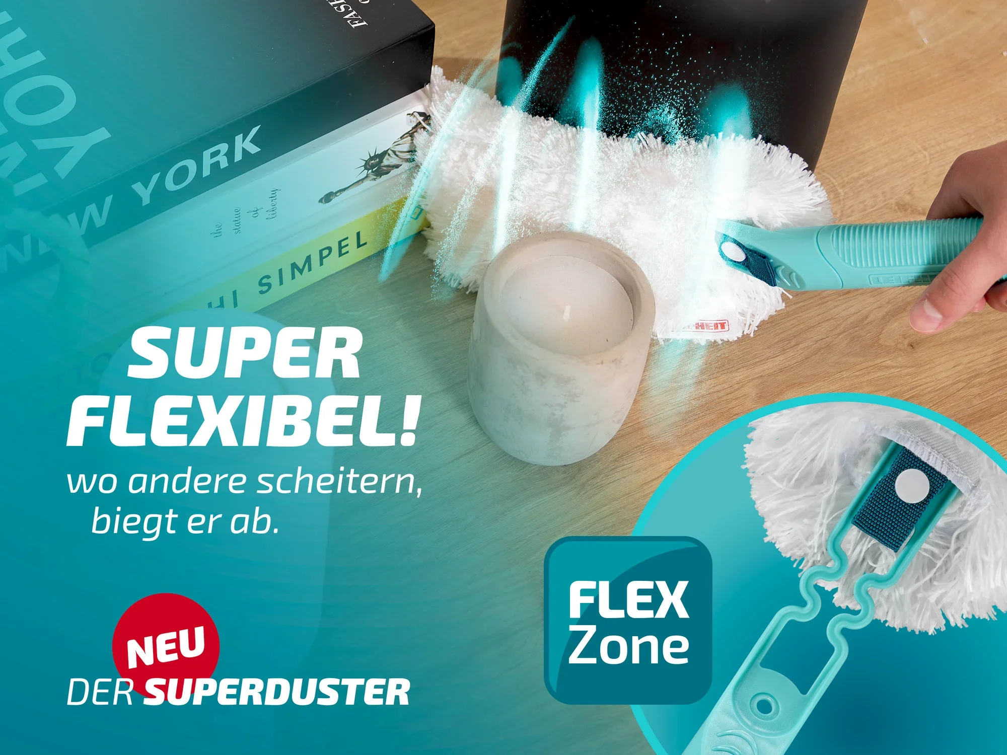Der Leifheit Superduster ist ein flexibler Staubwedel, der sich ideal für schwer erreichbare Stellen eignet. Mit seiner Flex Zone passt er sich mühelos an verschiedene Oberflächen an.