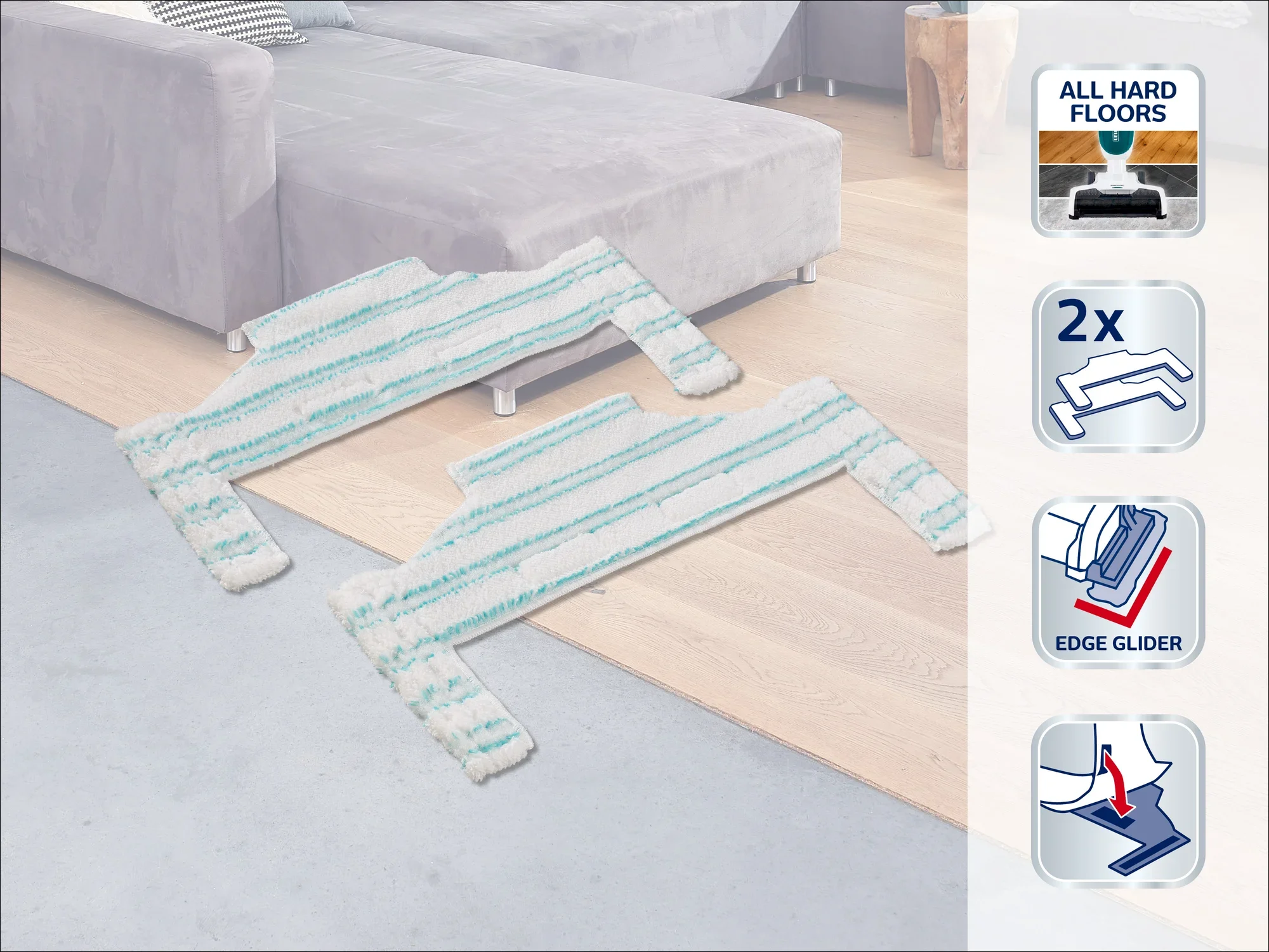 Dwie wymienne nakładki do odkurzacza do podłóg twardych Leifheit FC 5 leżą na drewnianej podłodze. Nakładki są białe z niebieskimi paskami i nadają się do wszystkich twardych podłóg.