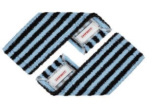 Twee rechthoekige microvezeldoeken met zwarte en lichtblauwe strepen, naast elkaar geplaatst op een witte achtergrond.