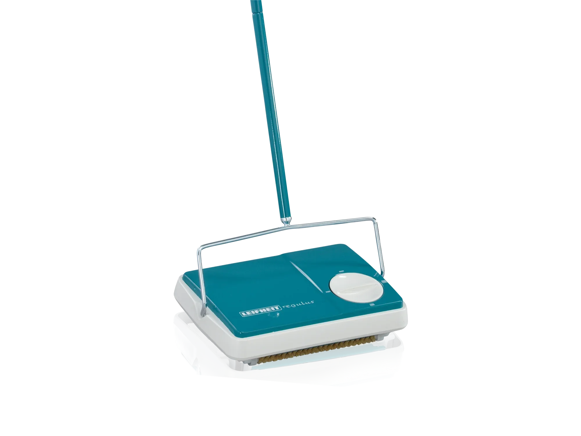 Zamiatarka do dywanów Regulus w kolorze turkusowym. Ręczne narzędzie do czyszczenia z solidnym uchwytem i kompaktową konstrukcją, idealne do szybkiego czyszczenia dywanów.