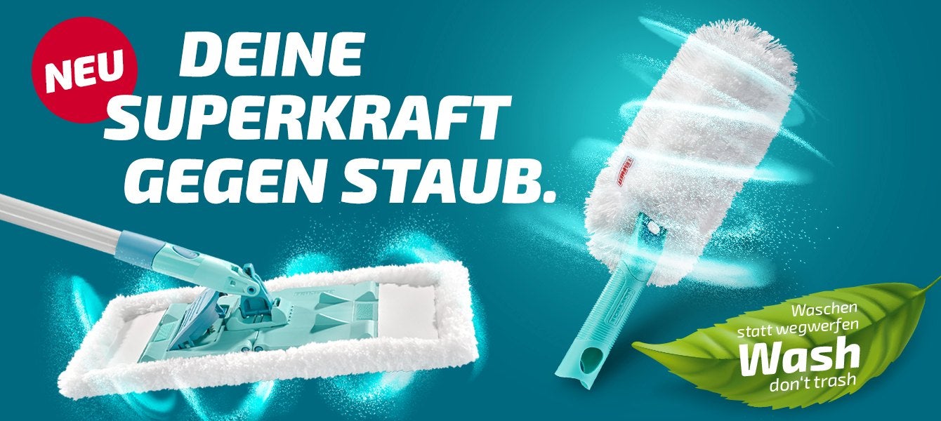 Staubwedel und Bodenwischer mit der Überschrift "NEU - deine superkraft gegen Staub, Waschen statt wegwerfen.