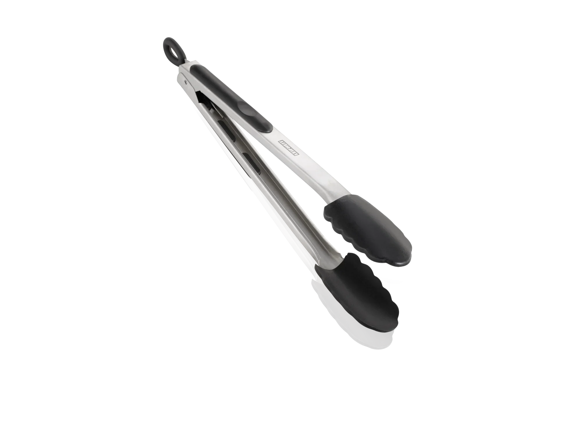 Keuken- en grilltang, 31 cm lang, gemaakt van roestvrij staal met zwarte siliconen uiteinden. Ideaal om veilig voedsel vast te pakken en om te draaien tijdens het koken en grillen.