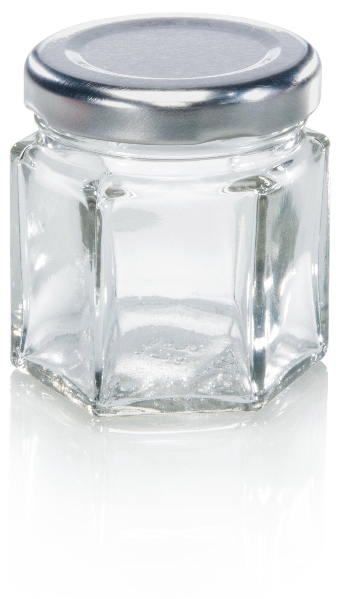 Tarro de vidrio hexagonal de 47 ml con tapa metálica. Ideal para almacenar especias, mermeladas o muestras. Diseño elegante y compacto, perfecto para cocina o regalos.