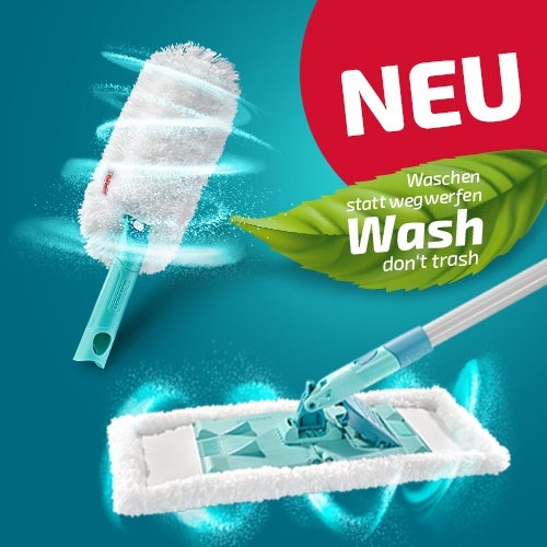 Staubwedel und Bodenwischer mit der Überschrift "NEU - deine superkraft gegen Staub, Waschen statt wegwerfen.