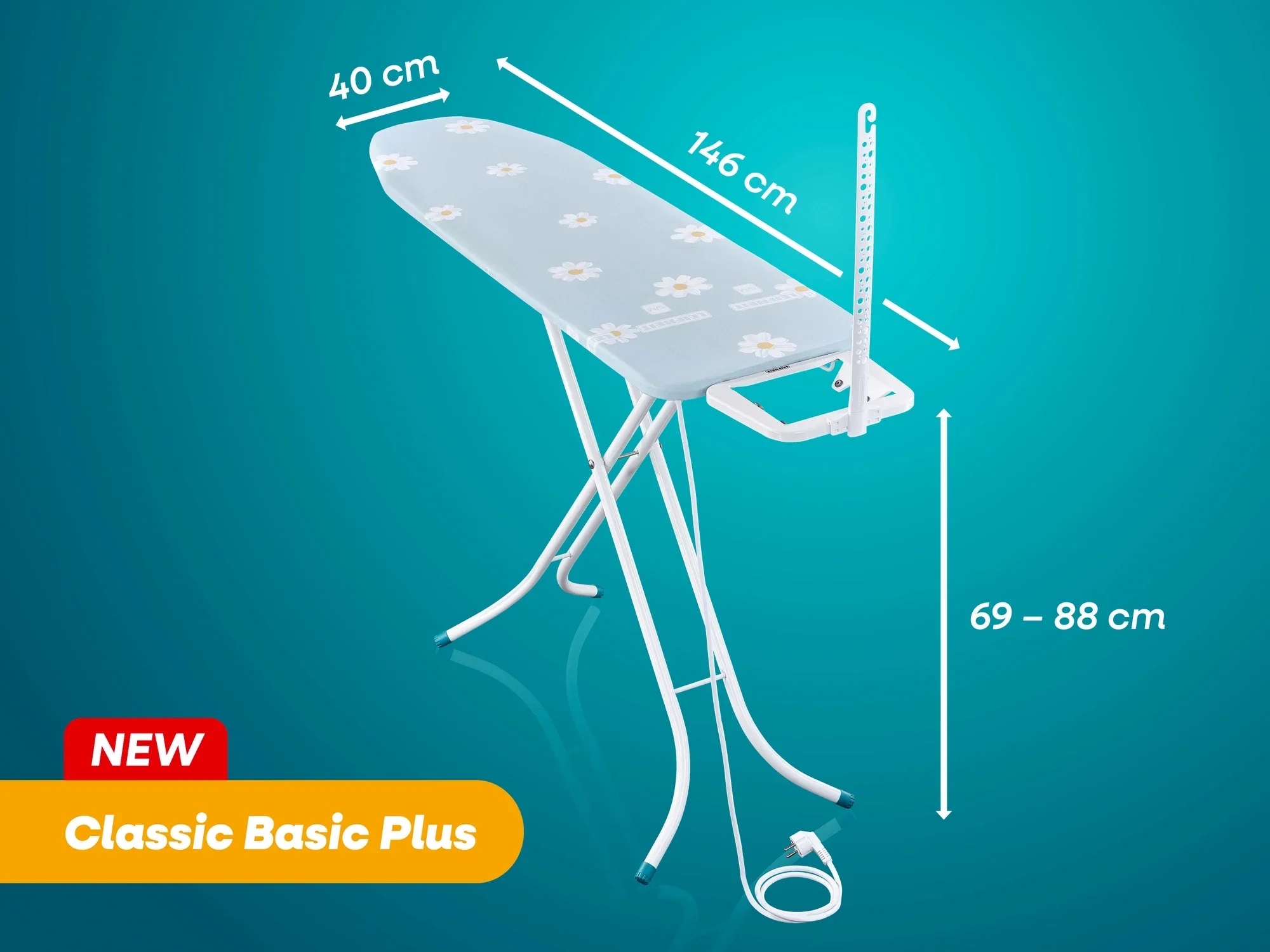 Bügeltisch Classic Basic Plus von Leifheit mit einer Bügelfläche von 40 x 146 cm. Höhenverstellbar von 69 bis 88 cm. Stabiler Stand, ideal für komfortables Bügeln.