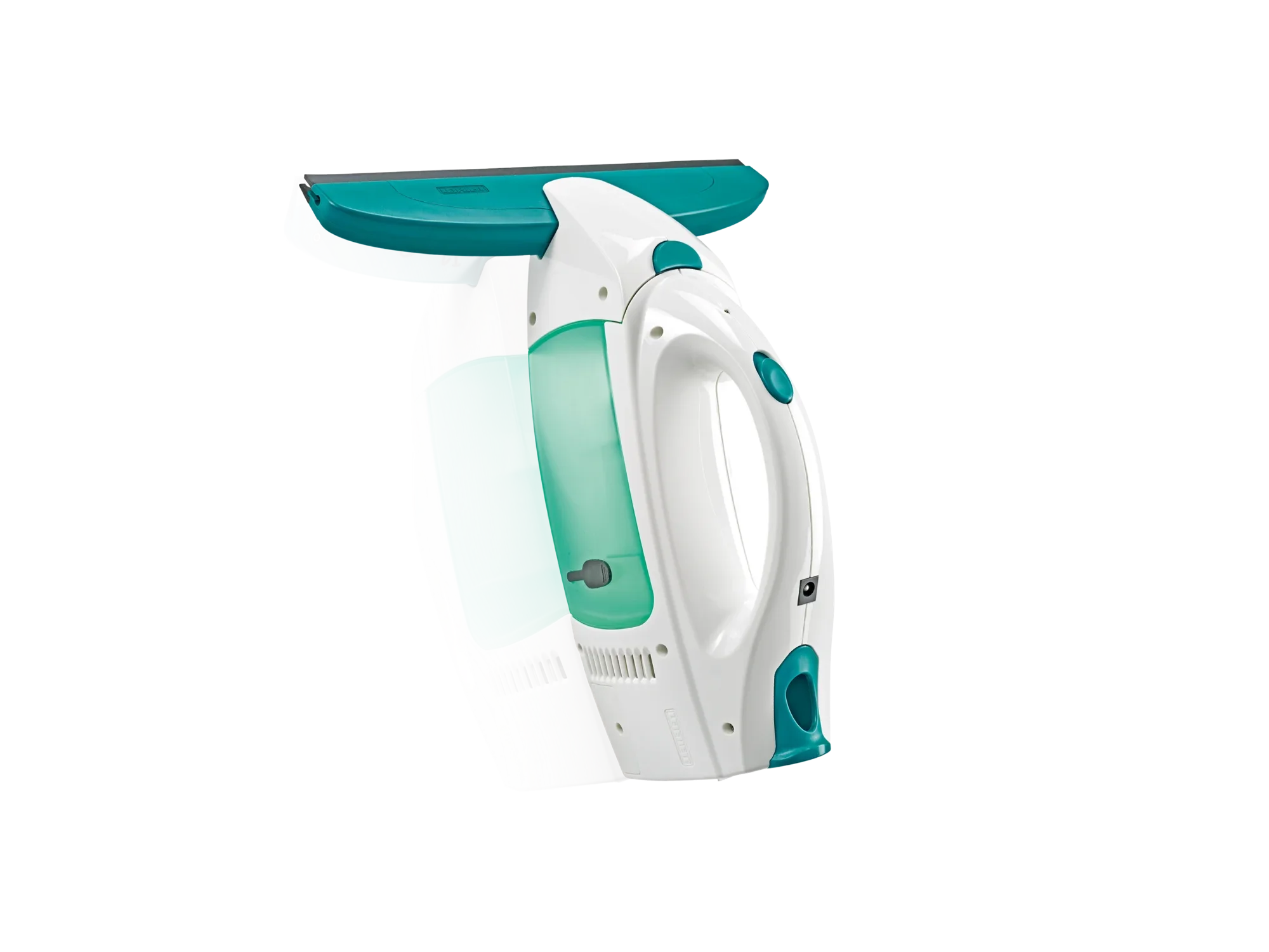Dry & Clean raamstofzuiger in wit en turquoise. Het apparaat heeft een ergonomische handgreep en een brede zuigmond, ideaal voor het streeploos schoonmaken van ramen.