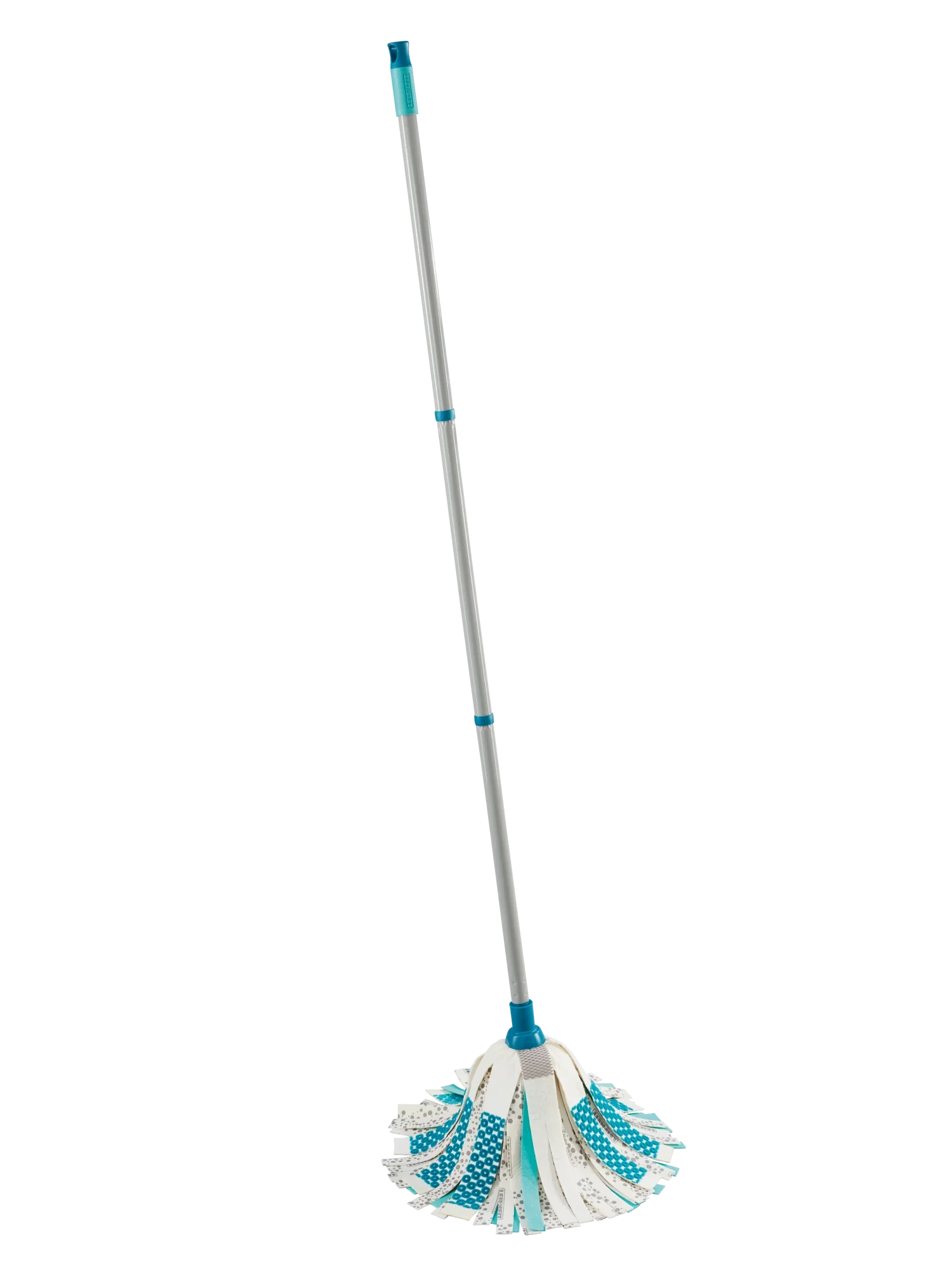 Een mop met een lange steel en blauwe en witte franjes, ideaal om vloeren grondig schoon te maken. De Power Mop 3in1 biedt efficiënte schoonmaakoplossingen voor elk huishouden.