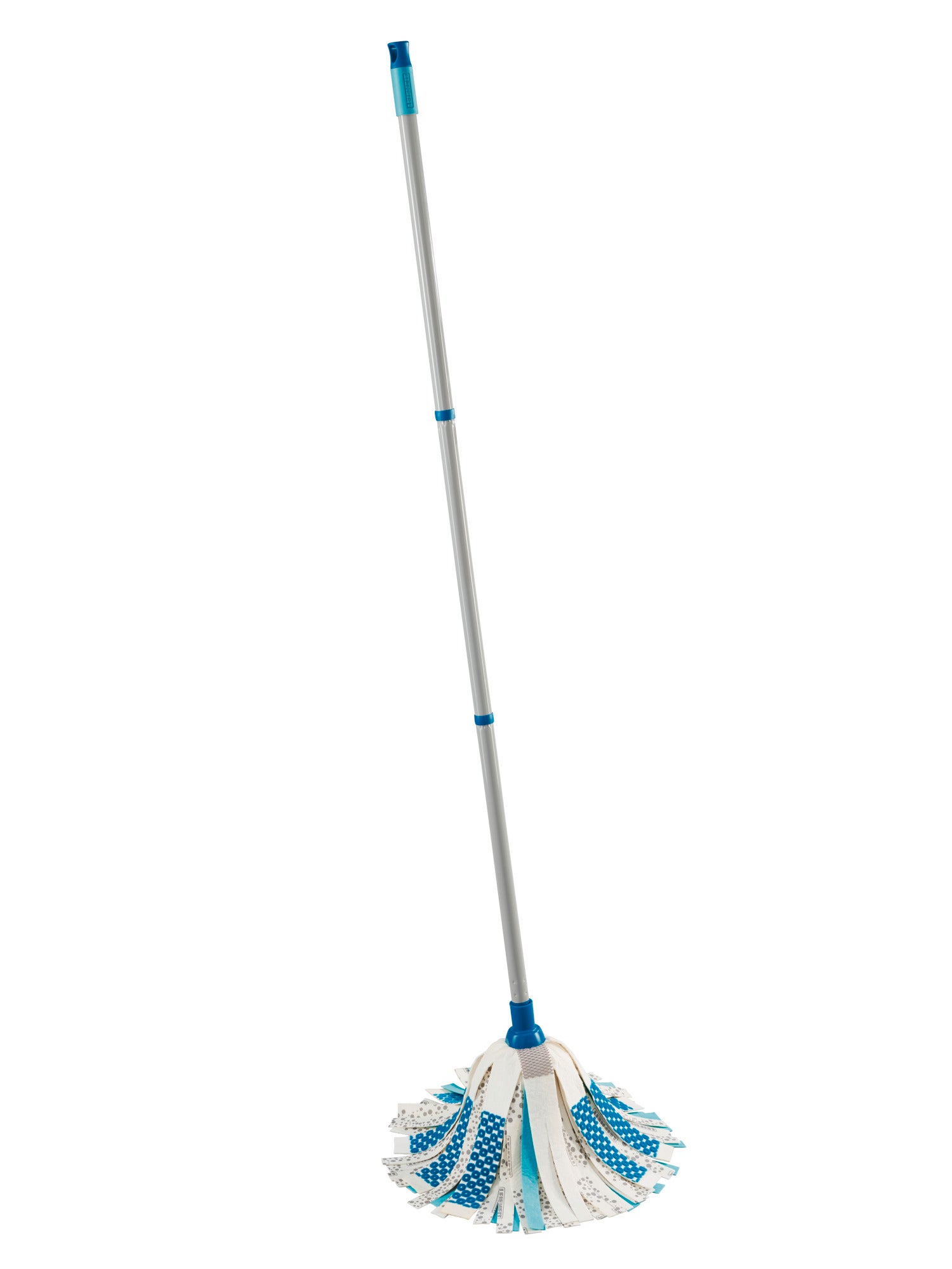Une serpillière à long manche avec des franges bleues et blanches, idéale pour un nettoyage en profondeur des sols. Le Power Mop 3 en 1 offre des solutions de nettoyage efficaces pour tous les foyers.