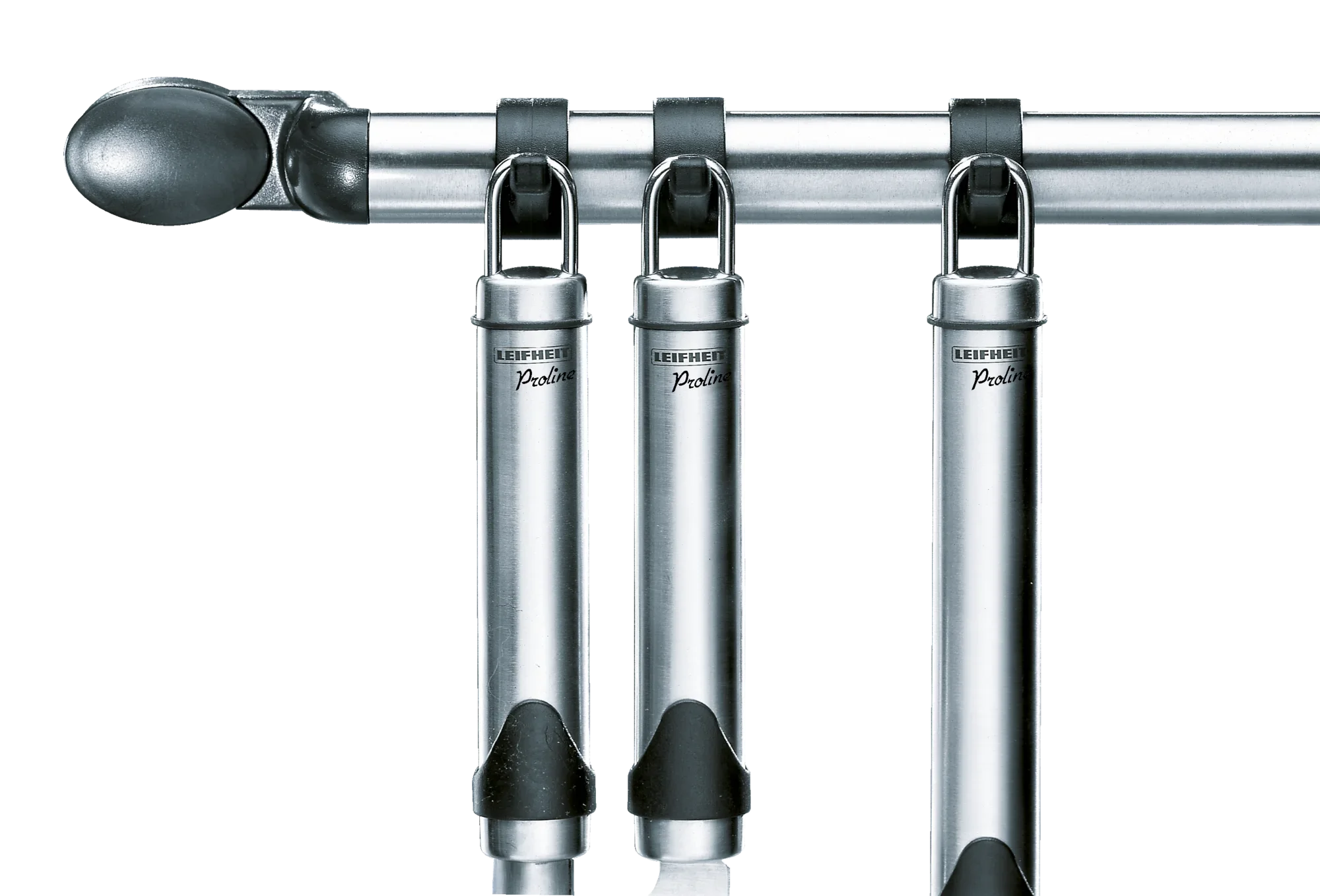 Haakrail met drie roestvrijstalen haken aan een metalen staaf. De haken zijn robuust en ideaal voor het ophangen van keukengerei of handdoeken.