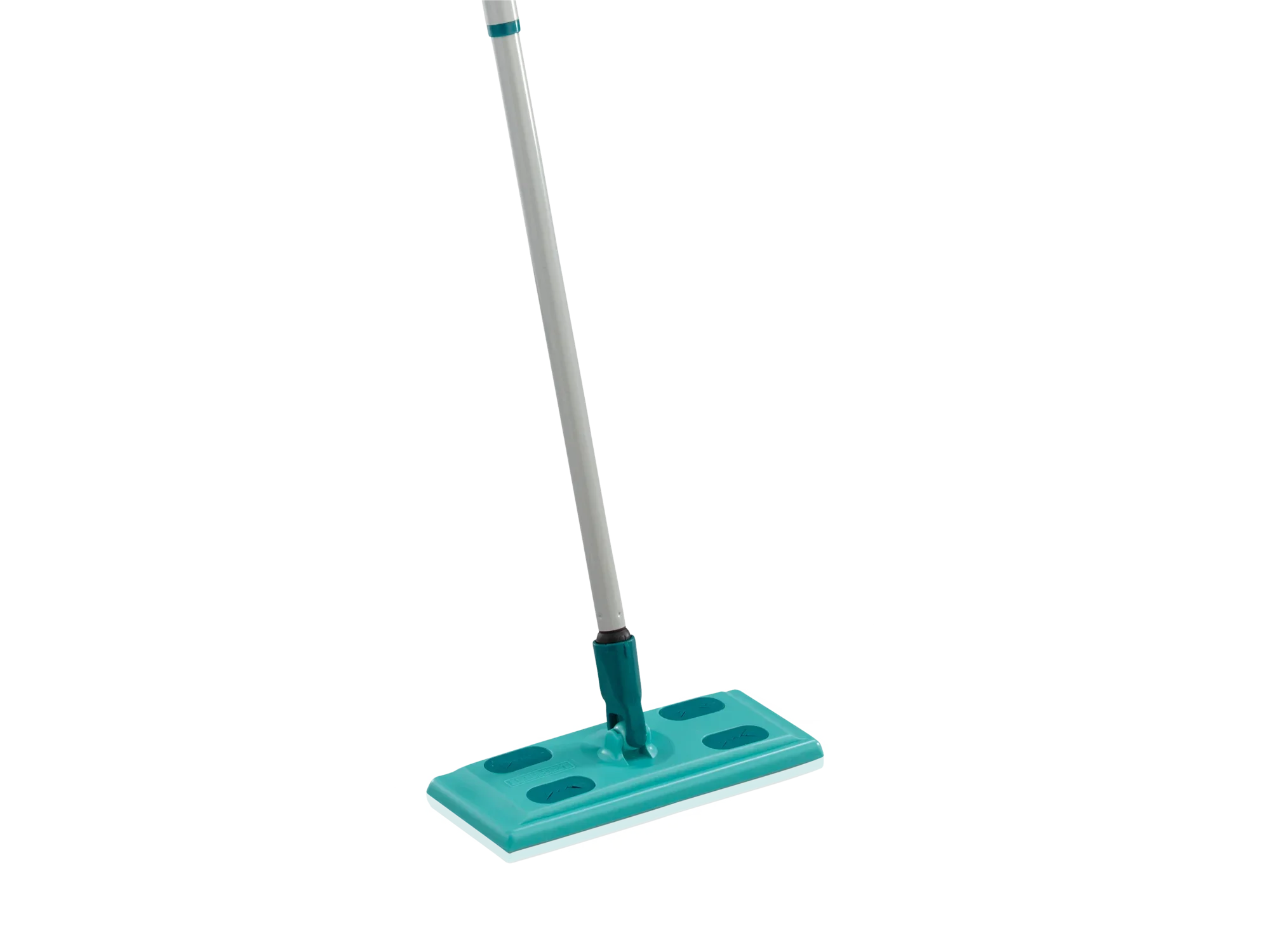 Clean and Away dweil: Een turquoise gekleurde dweil met een lange steel en een rechthoekige mopkop, ideaal voor het grondig reinigen van harde vloeren.