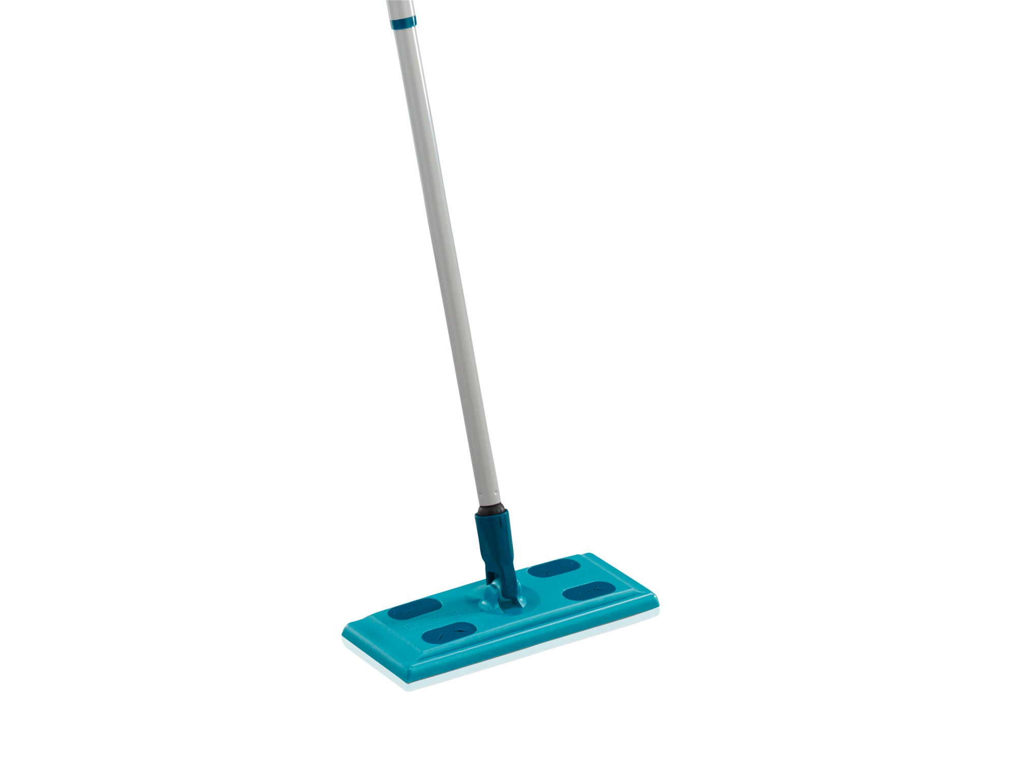 Balai Clean and Away : un balai turquoise avec un long manche et une tête rectangulaire, idéal pour nettoyer en profondeur les sols durs.