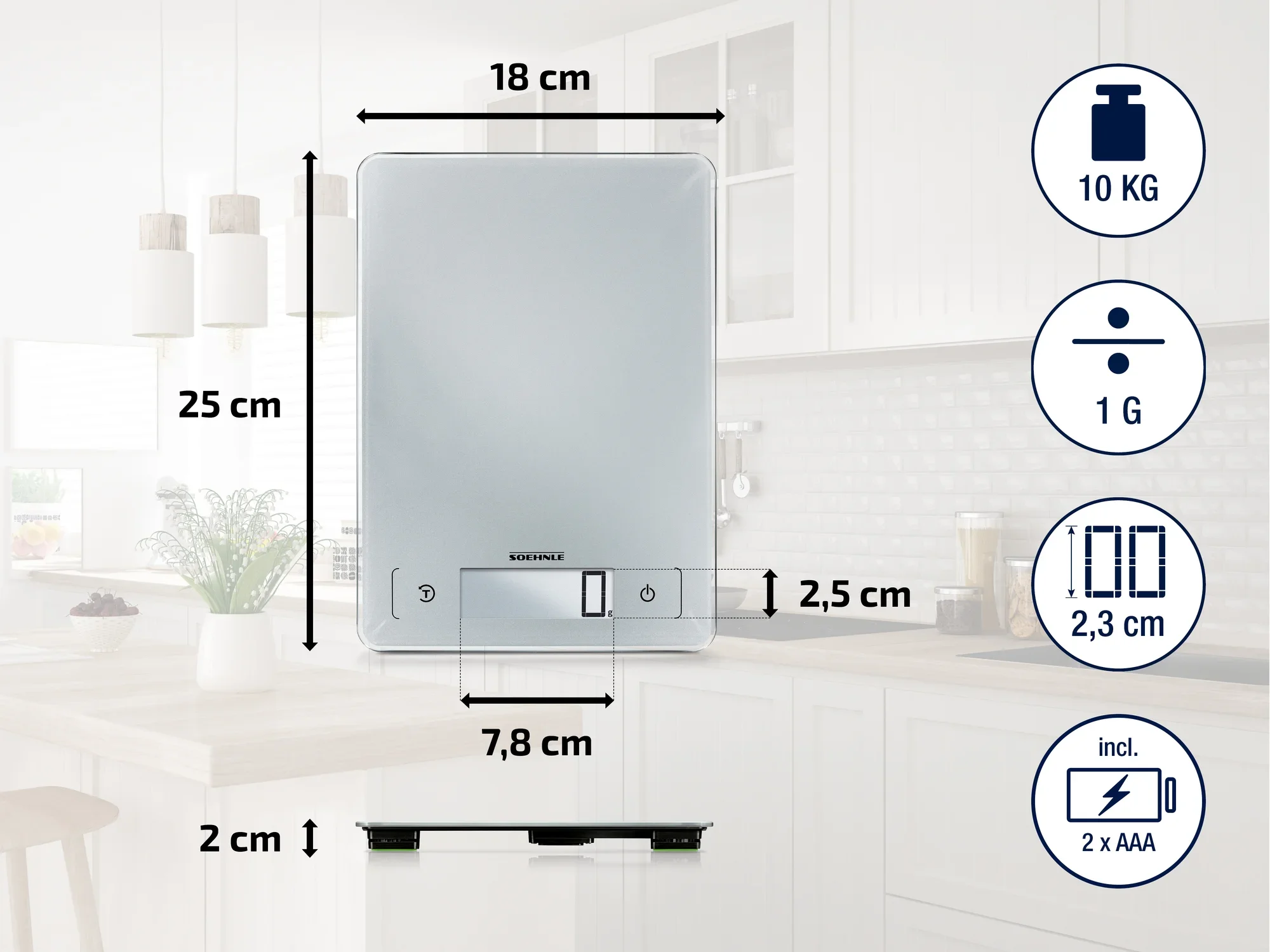 Küchenwaage Soehnle: Digitale Waage in moderner Küche. Maße: 18x25x2,5 cm. Wiegt bis 10 kg, Genauigkeit 1 g. Inkl. 2 AAA-Batterien. Ideal für präzises Kochen und Backen.