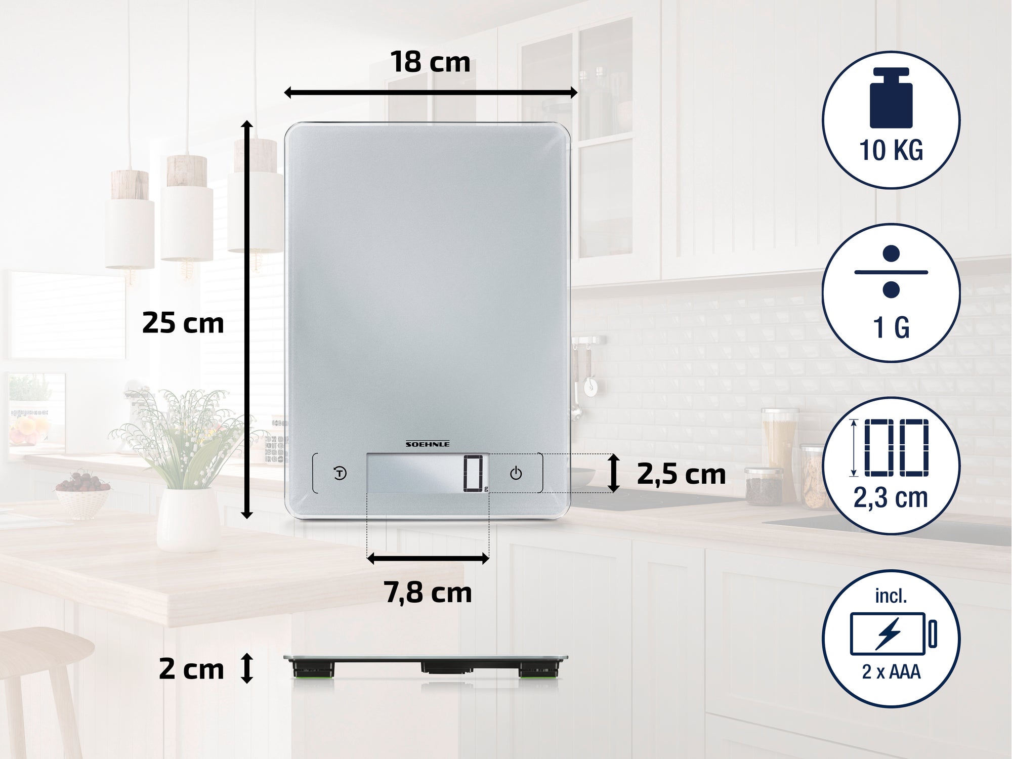 Küchenwaage Soehnle: Digitale Waage in moderner Küche. Maße: 18x25x2,5 cm. Wiegt bis 10 kg, Genauigkeit 1 g. Inkl. 2 AAA-Batterien. Ideal für präzises Kochen und Backen.