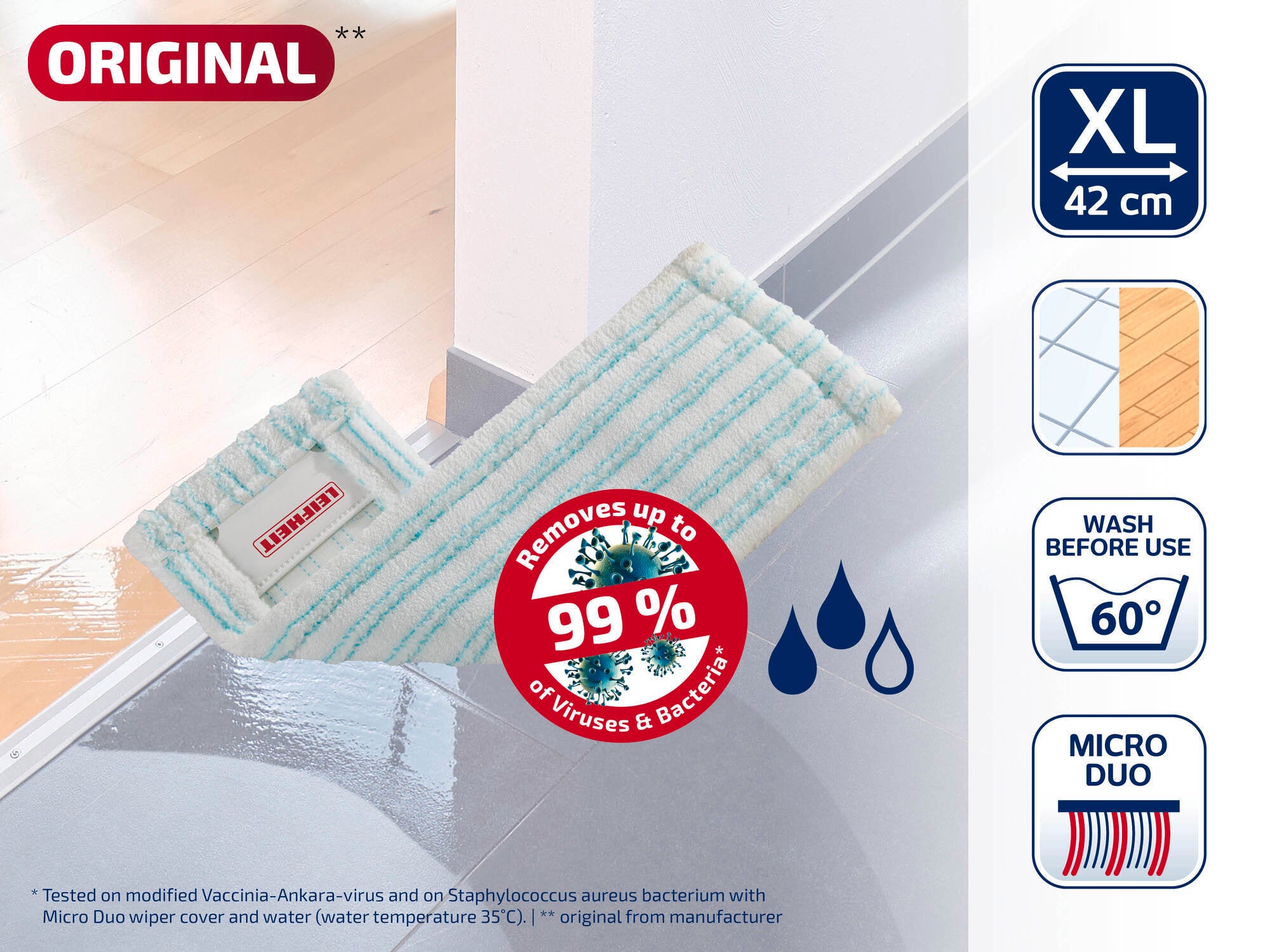 Das Bild zeigt den Leifheit Bodenwischer, der bis zu 99% der Viren und Bakterien entfernt. Der Wischer hat eine XL-Größe von 42 cm und ist bei 60°C waschbar.