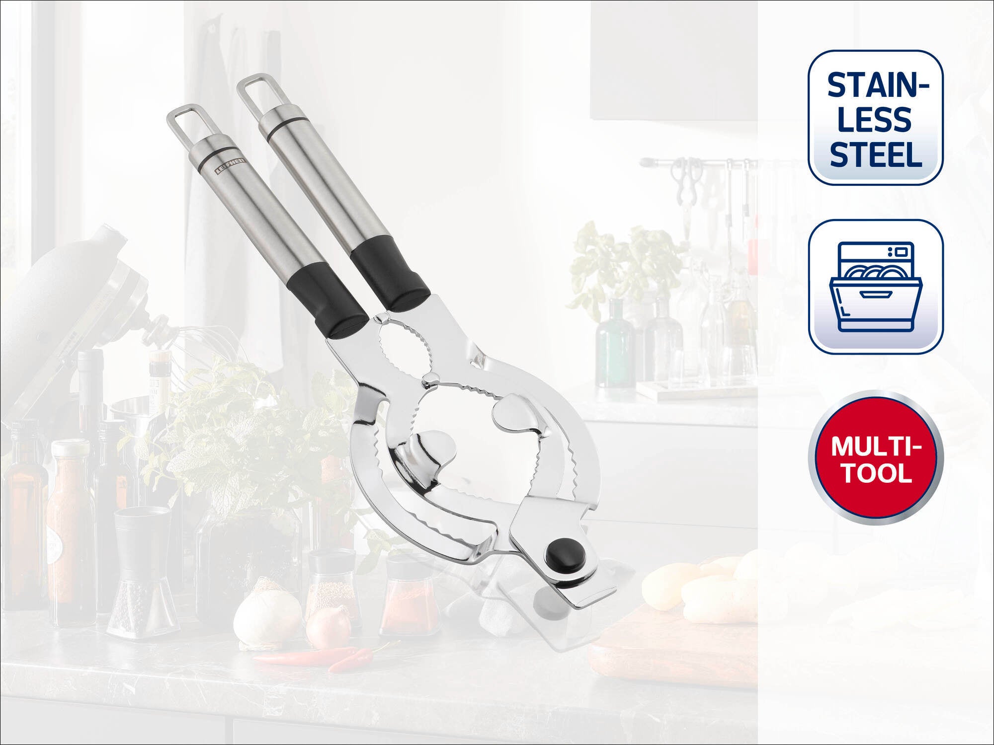 Roestvrijstalen tang met ergonomische handgrepen, ideaal voor veelzijdig gebruik in de keuken. Vaatwasmachinebestendig en multifunctioneel te gebruiken.