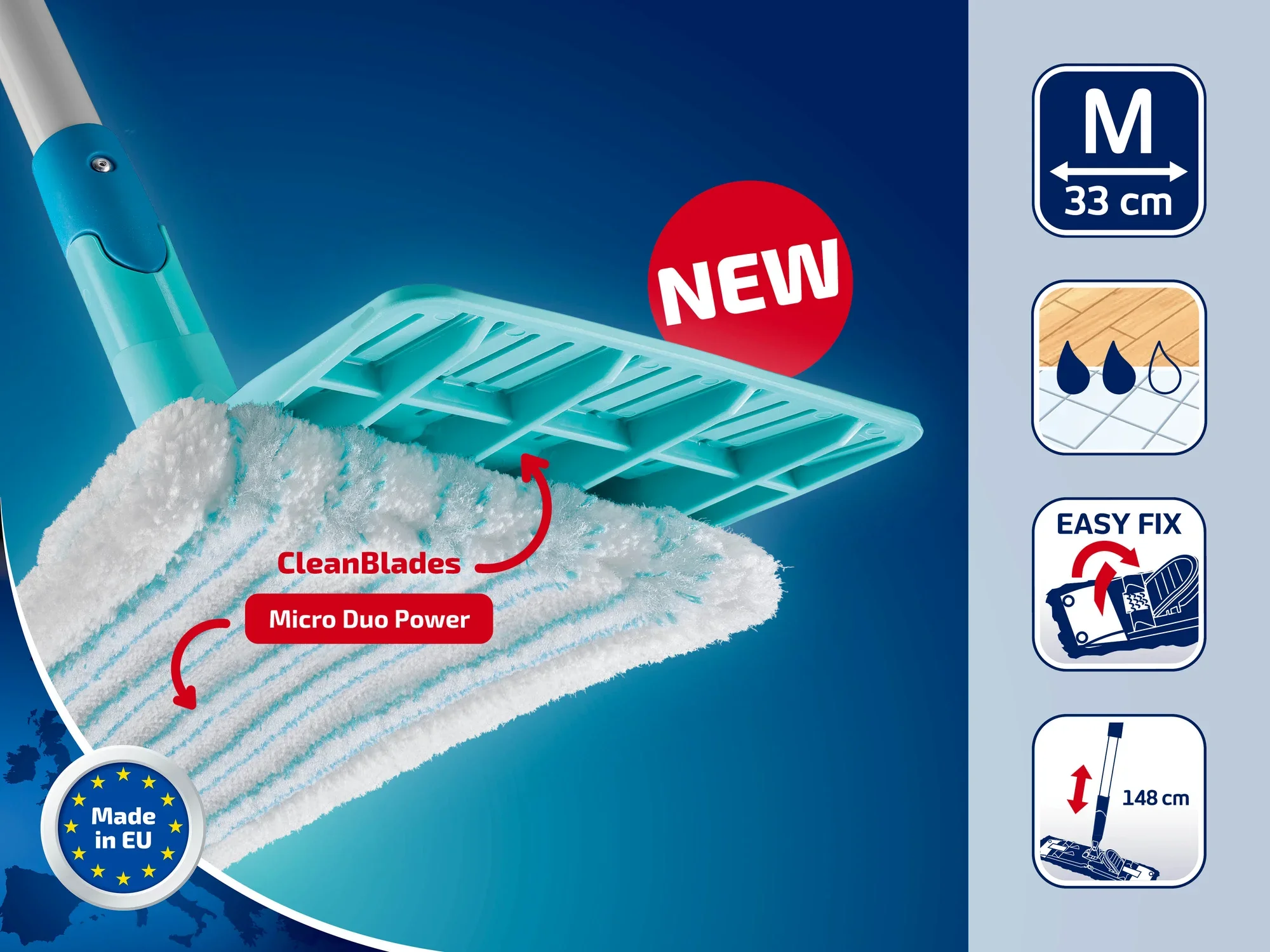Un nouveau balai à franges avec CleanBlades et technologie Micro Duo Power. Le balai a une largeur de 33 cm et une longueur de 148 cm. Fabriqué dans l'UE, il offre des possibilités de fixation simples.